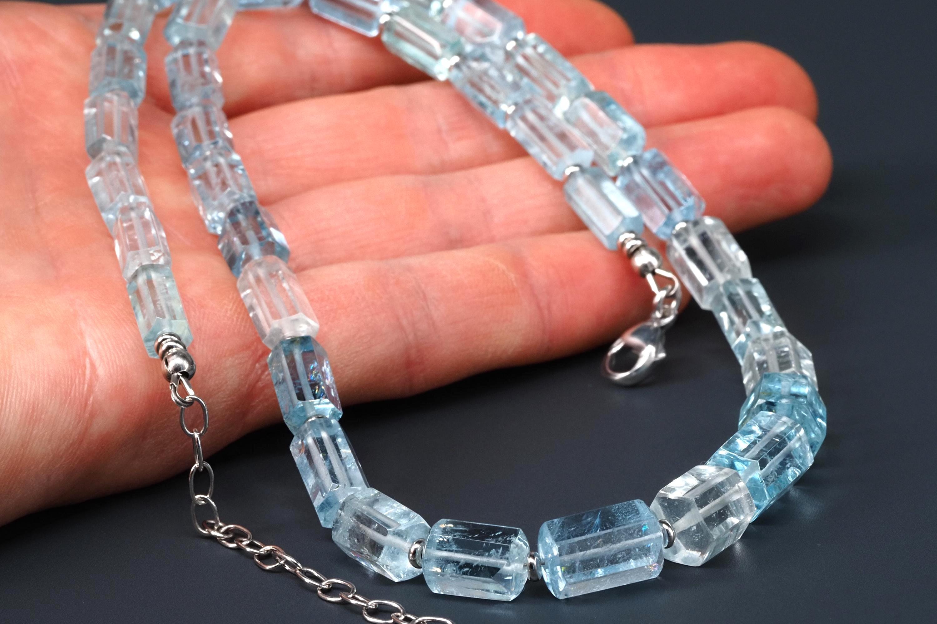 Aquamarin Kette Silber Naturkristalle 53cm blau