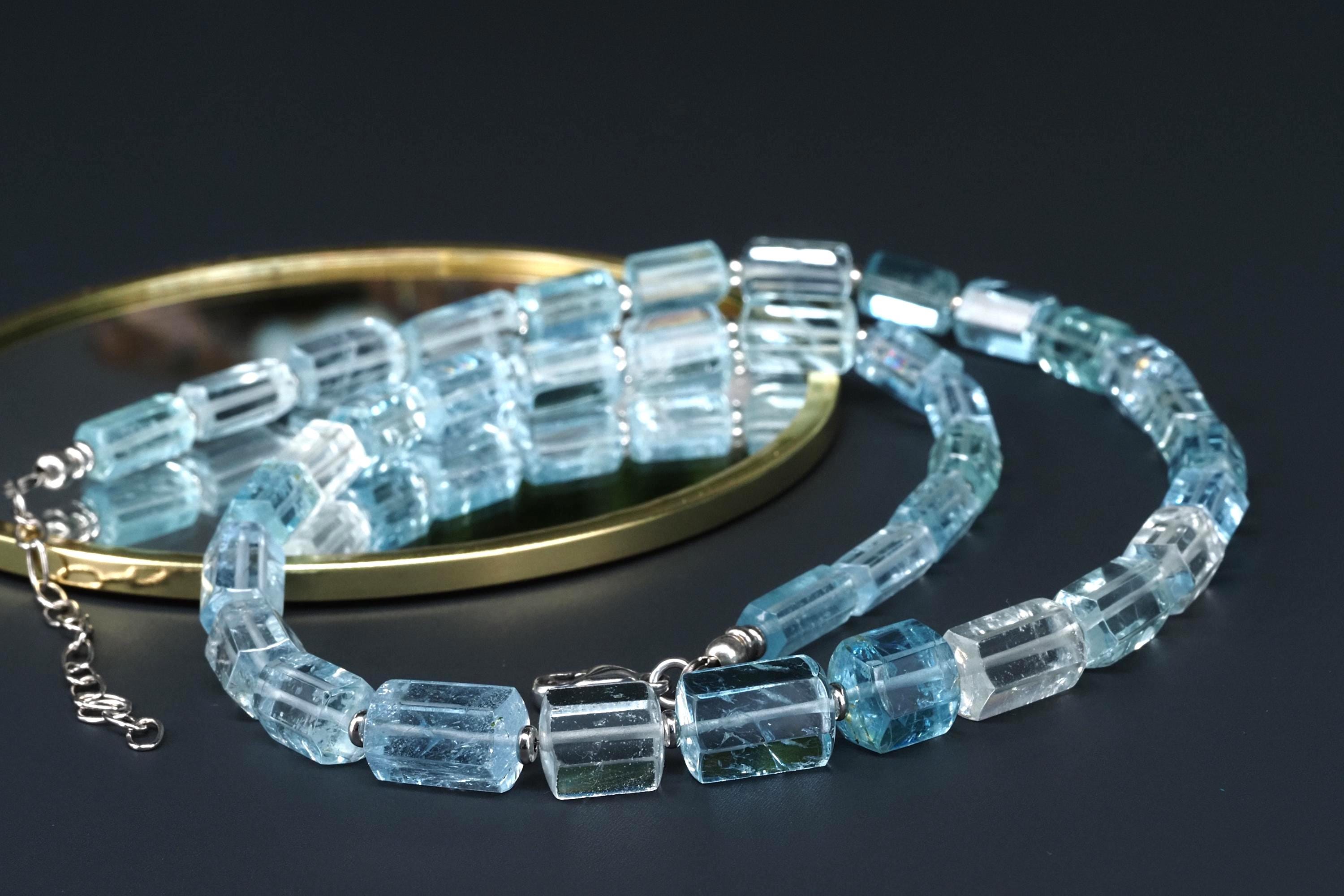 Aquamarin Kette Silber Naturkristalle 53cm blau