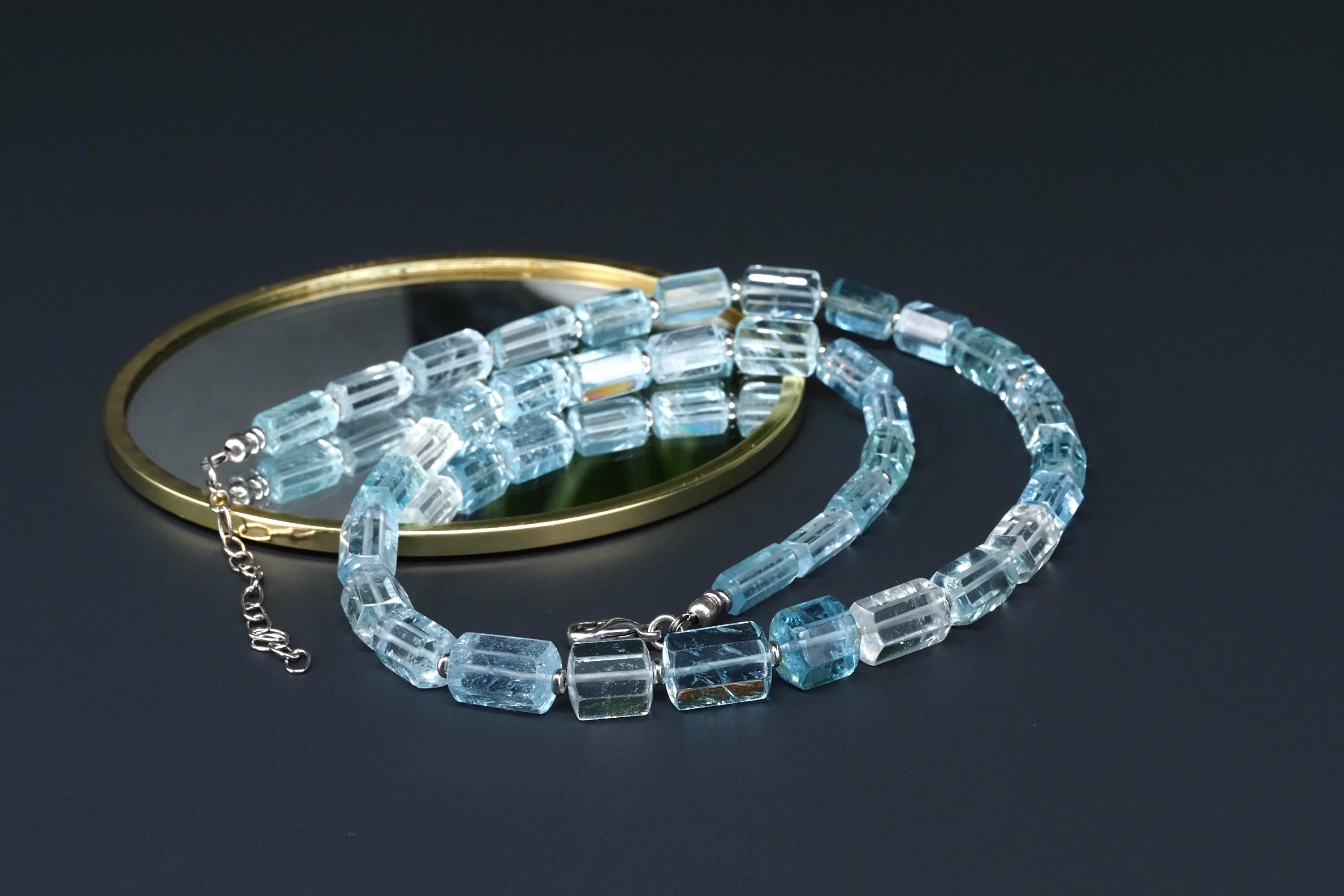 Aquamarin Kette Silber Naturkristalle 53cm blau