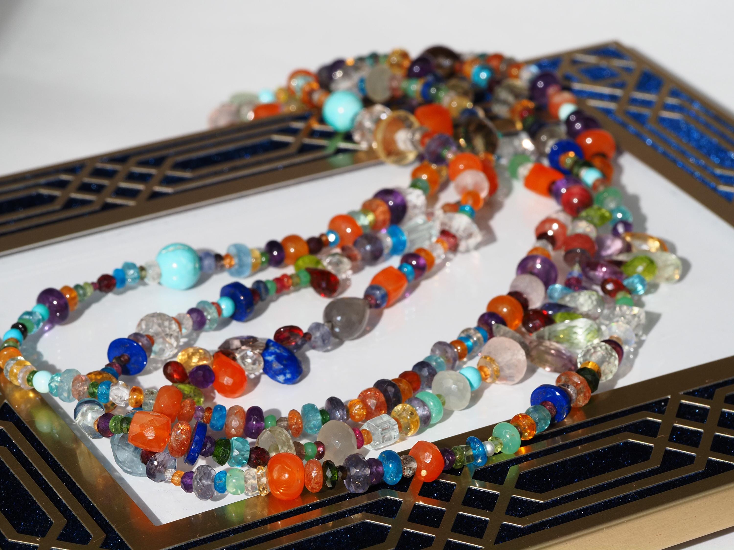 Lange Bunte Edelstein Kette Länge 143cm Endlos Halskette