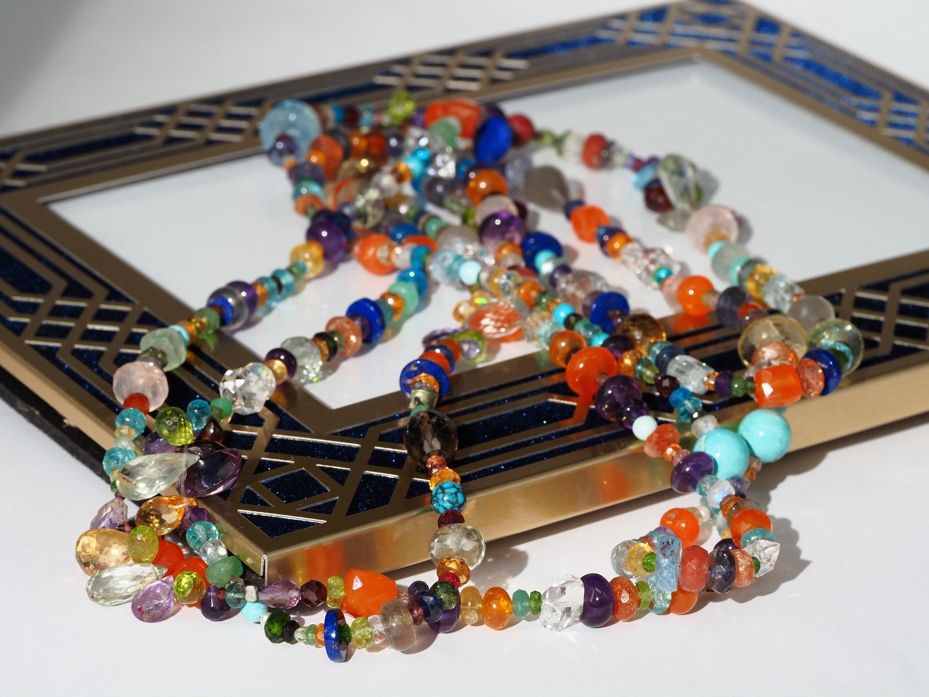 Lange Bunte Edelstein Kette Länge 143cm Endlos Halskette