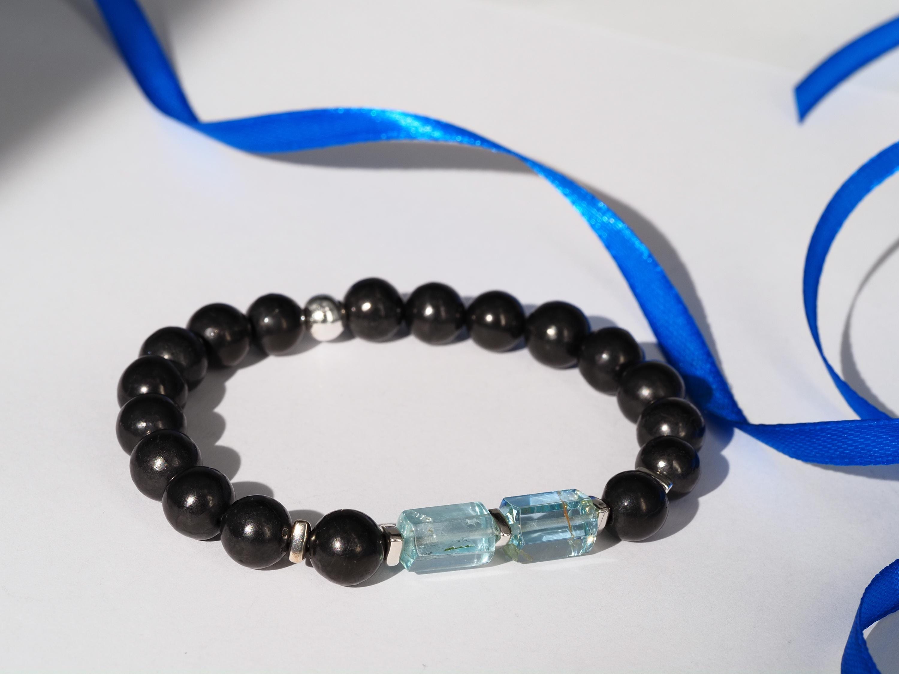 Edelstein Armband für Herren mit Schungit und Aquamarin