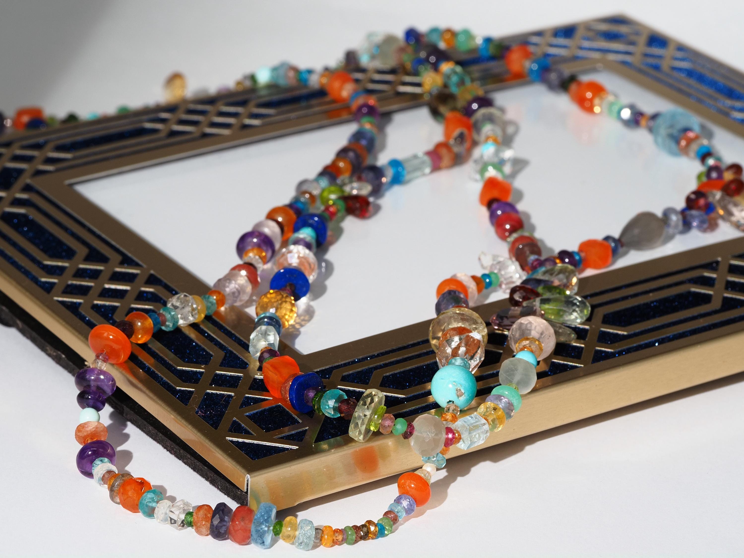 Lange Bunte Edelstein Kette Länge 143cm Endlos Halskette