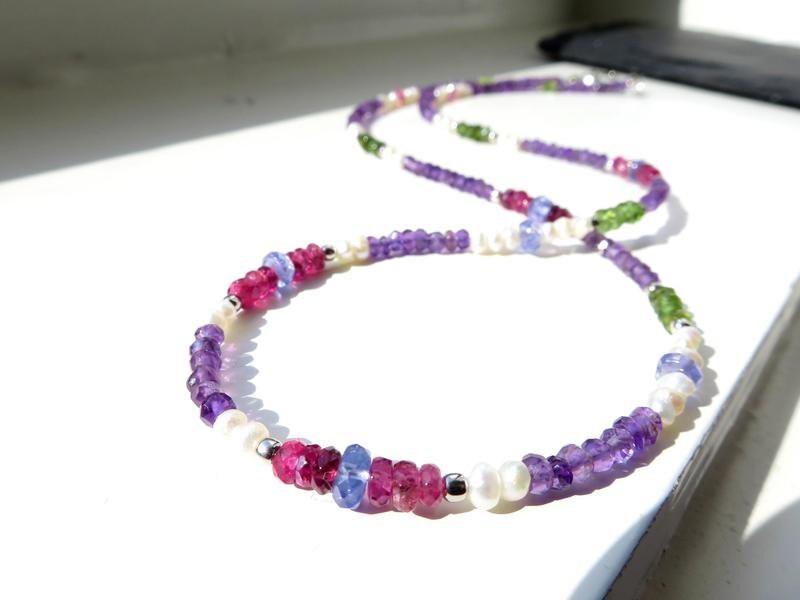 Feine Tansanit Turmalin Perlen Kette amethyst Geschenk Geburtstag Sommer