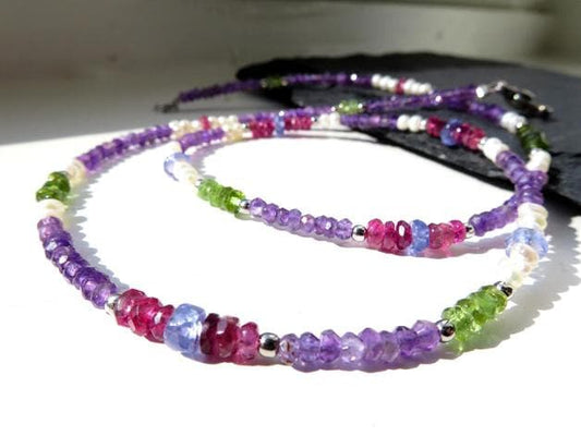 Feine Tansanit Turmalin Perlen Kette amethyst Geschenk Geburtstag Sommer