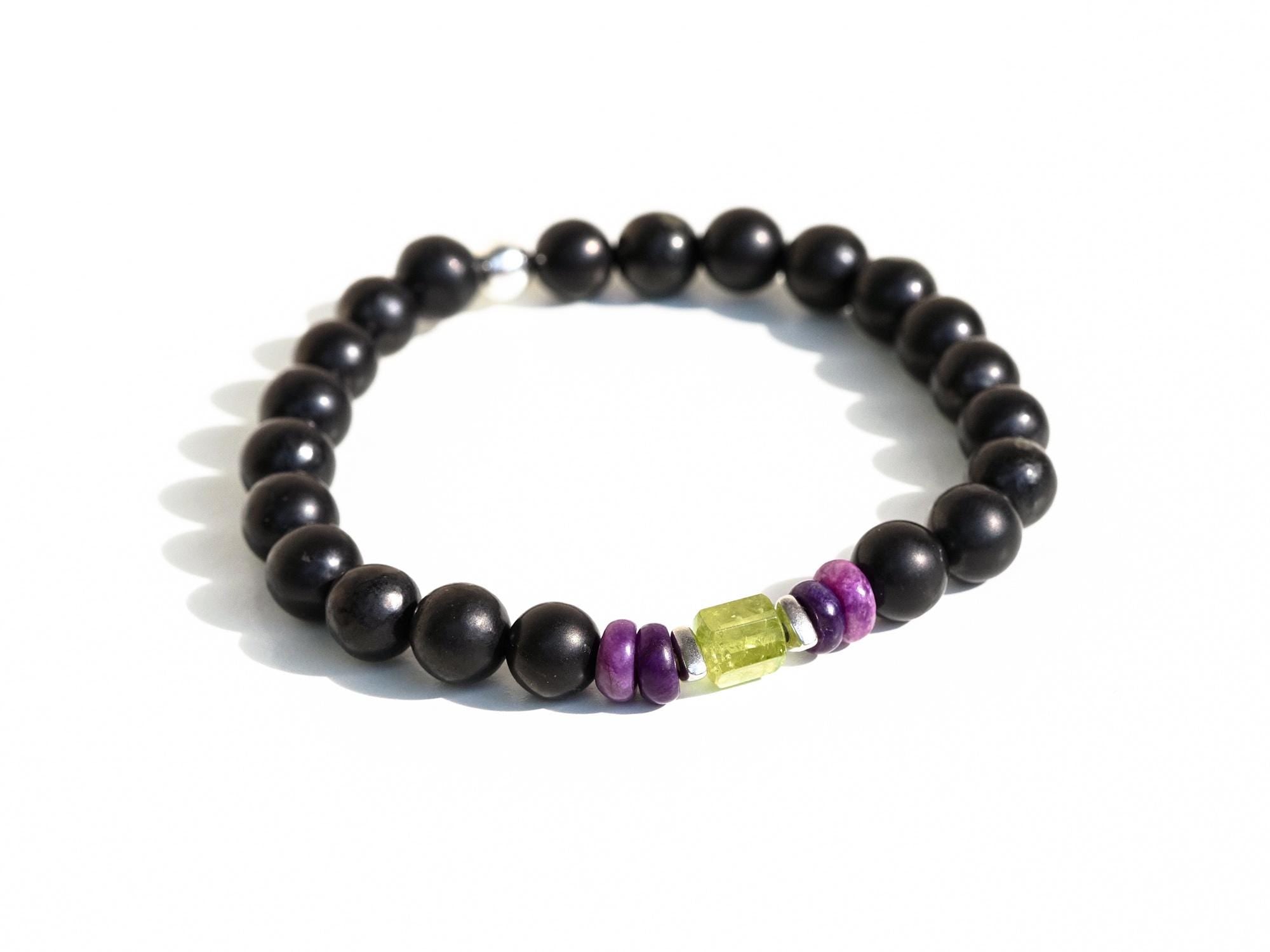 Flexibles Edelstein Armband mit Schungit, Turmalin, Sugilith und Türkis – Geschenk für Männer & Frauen