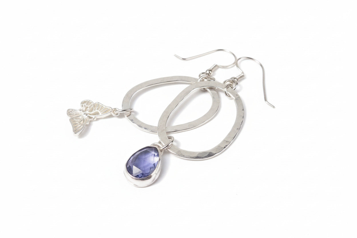 Iolith Ohrhänger Silber Iolith Rose cut Silber Edelstein Ohrringe Silber Schmetterling Boho Ohrhänger Unikat lange Stein Ohrringe Silber