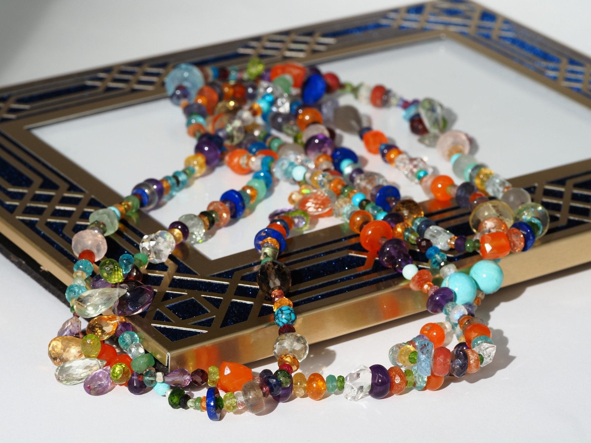 Lange Bunte Edelstein Kette Länge 143cm Endlos Halskette