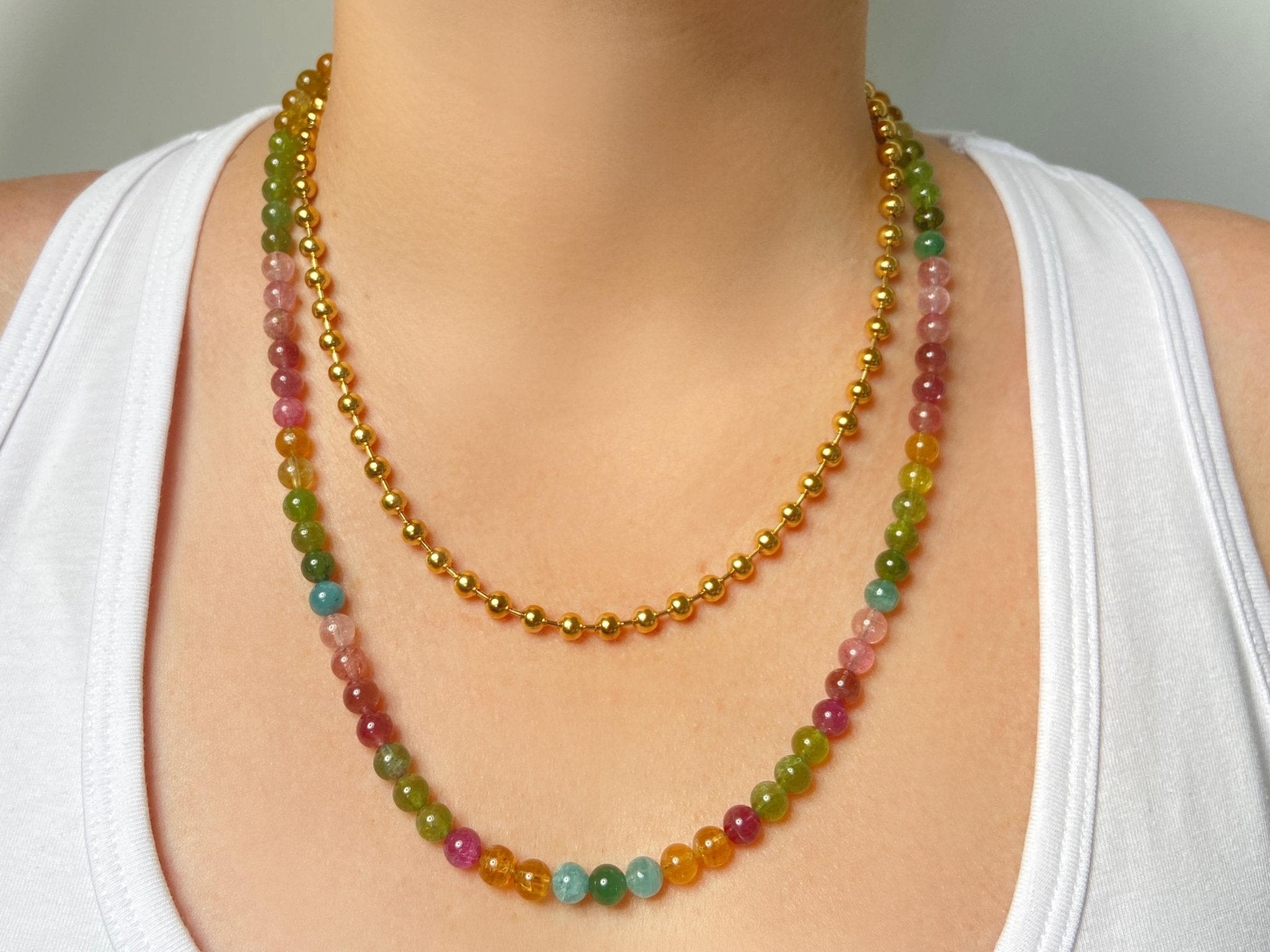 Lange Bunte Turmalin Kugel Kette Natur Edelstein Collier