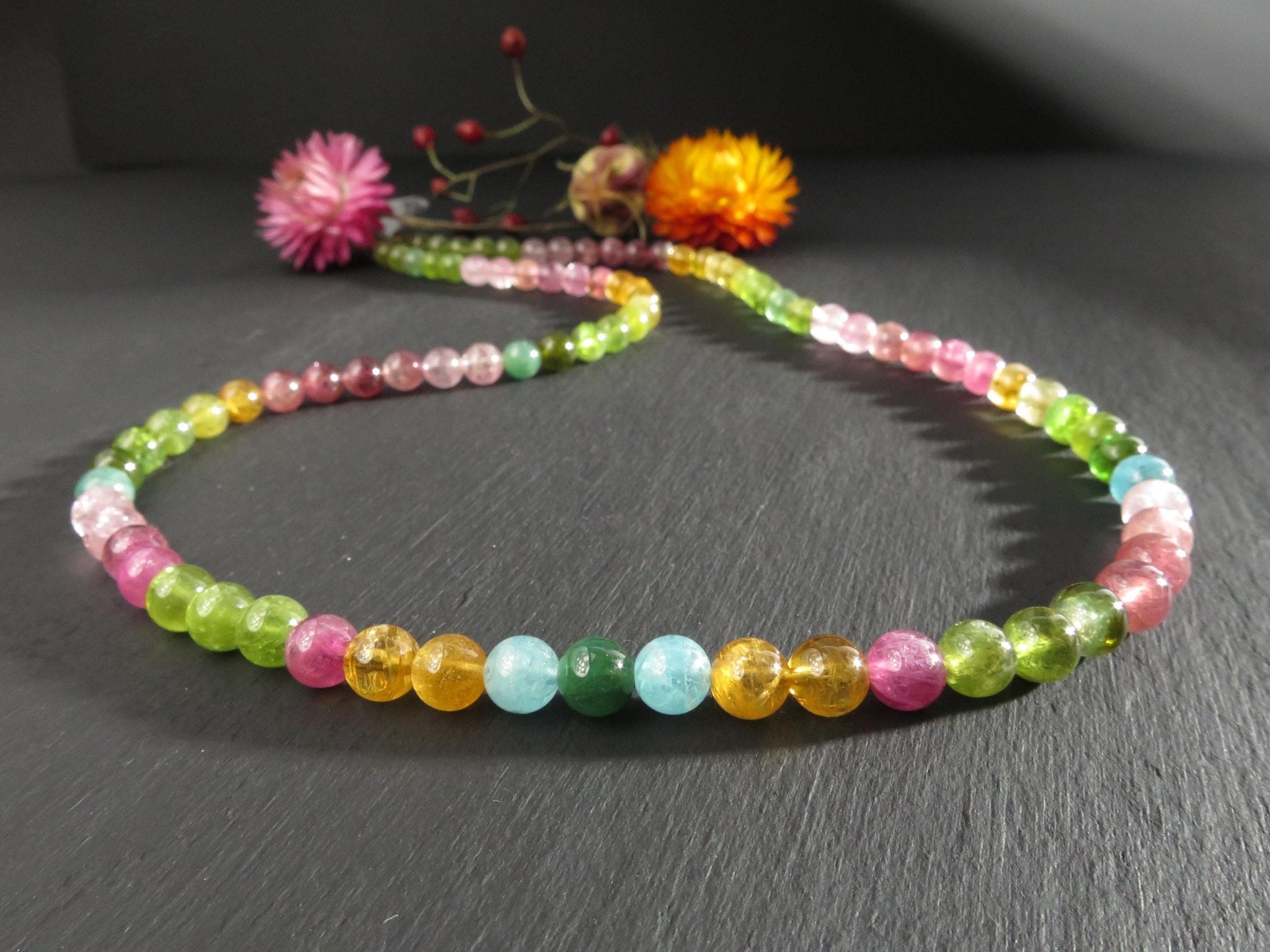 Lange Bunte Turmalin Kugel Kette Natur Edelstein Collier