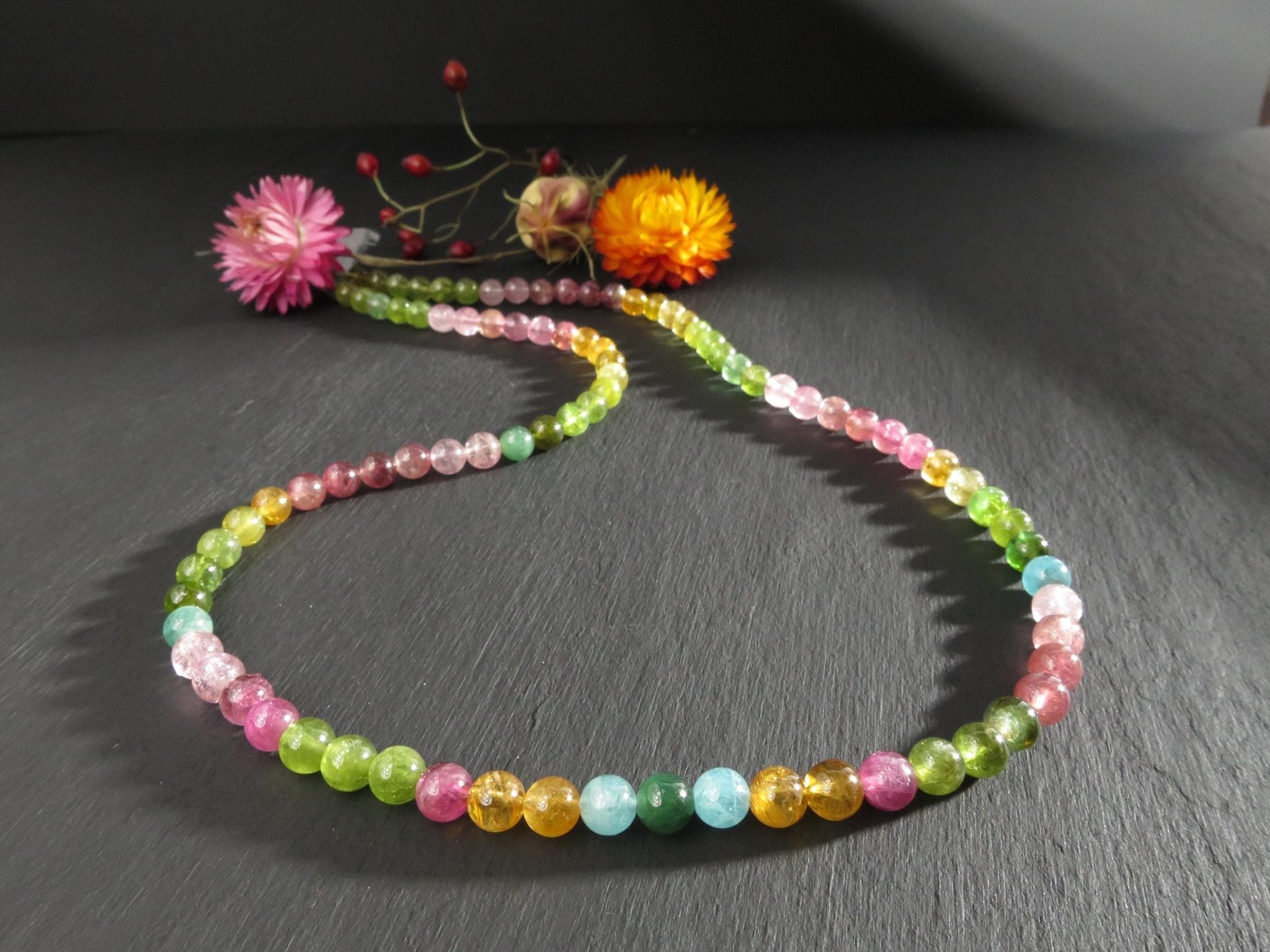 Lange Bunte Turmalin Kugel Kette Natur Edelstein Collier