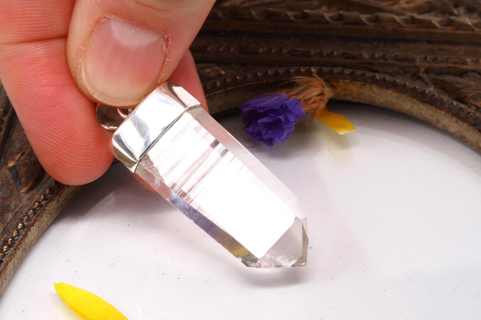 Lemurien Bergkristall Anhänger gefasst in 925 Sterling Silber aus Penas Blancas Laser Kristall Kolumbien Seed Quarz