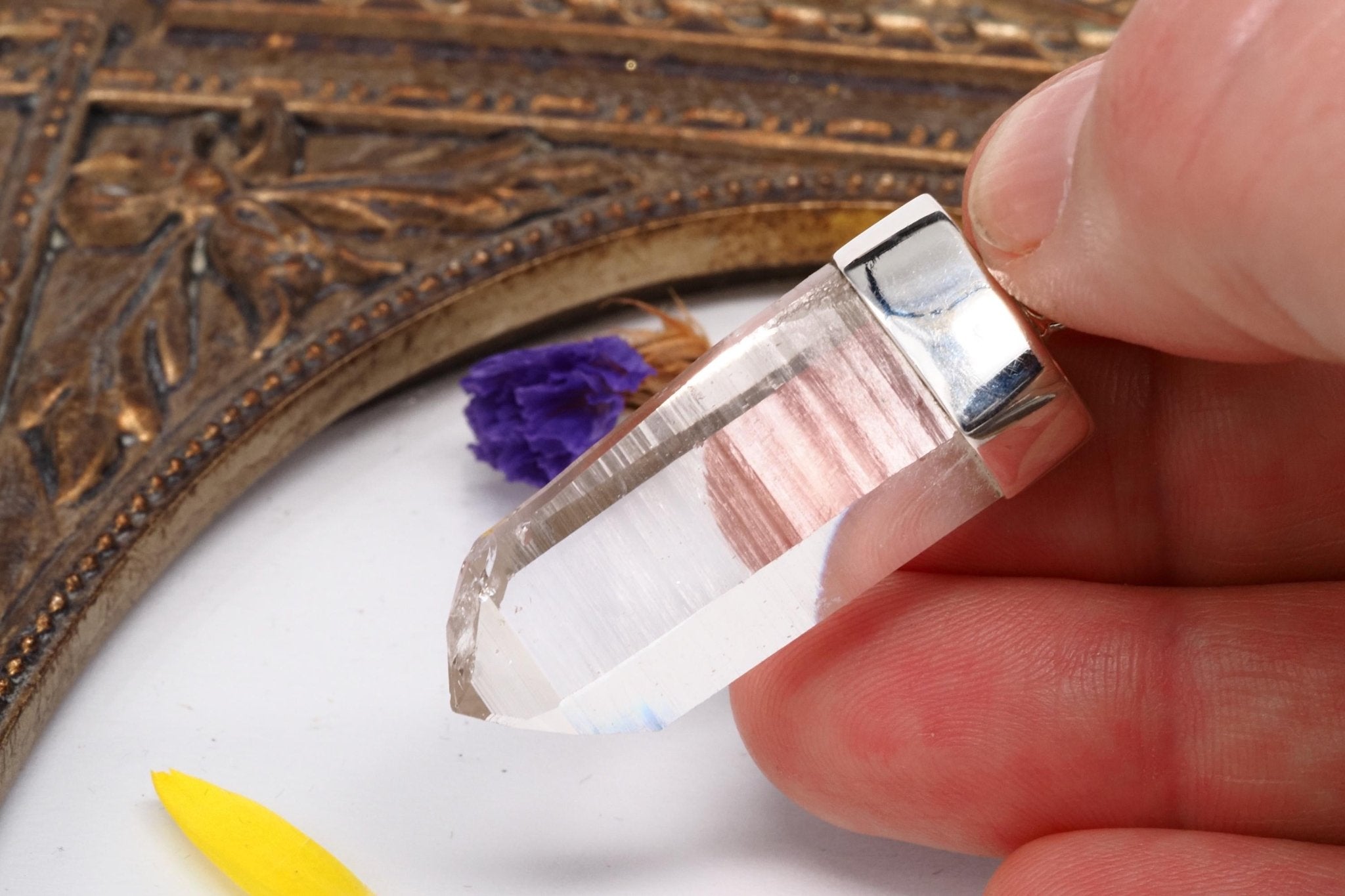 Lemurien Bergkristall Anhänger gefasst in 925 Sterling Silber aus Penas Blancas Laser Kristall Kolumbien Seed Quarz