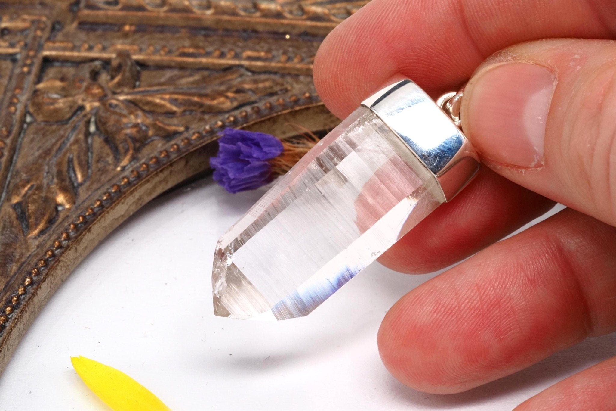 Lemurien Bergkristall Anhänger gefasst in 925 Sterling Silber aus Penas Blancas Laser Kristall Kolumbien Seed Quarz