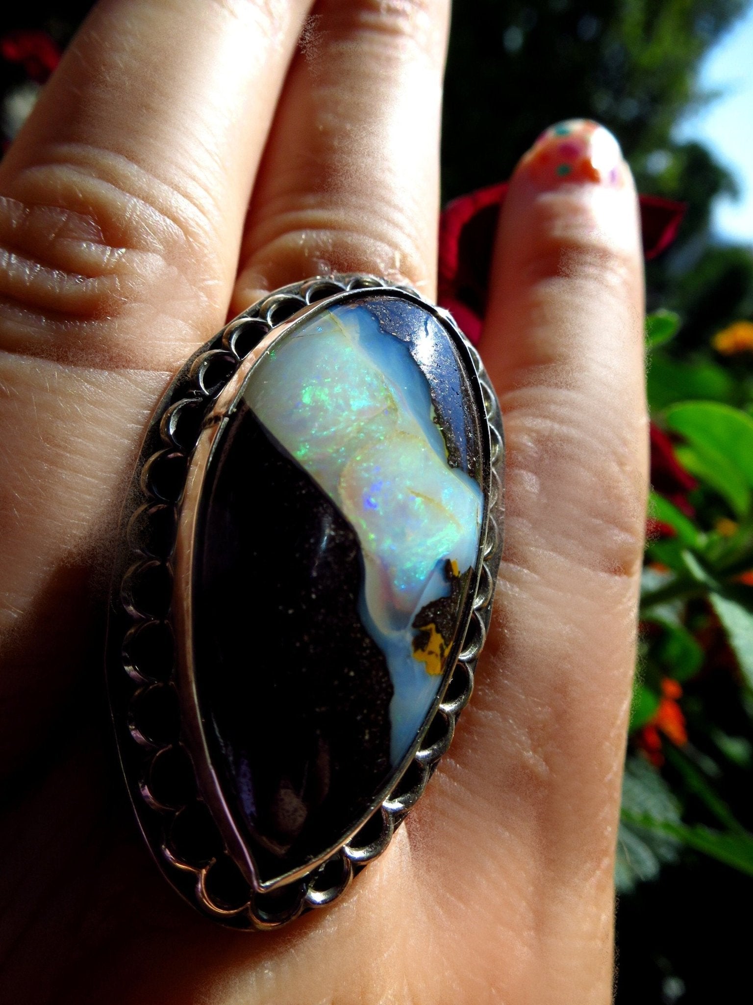 Opal Ring Silber Opal Australien Ring Boulder Opal Großer Silber Ring Gr.8 Cabochon Edelstein Opal Natur Stein Boulder Opal Ring Statement