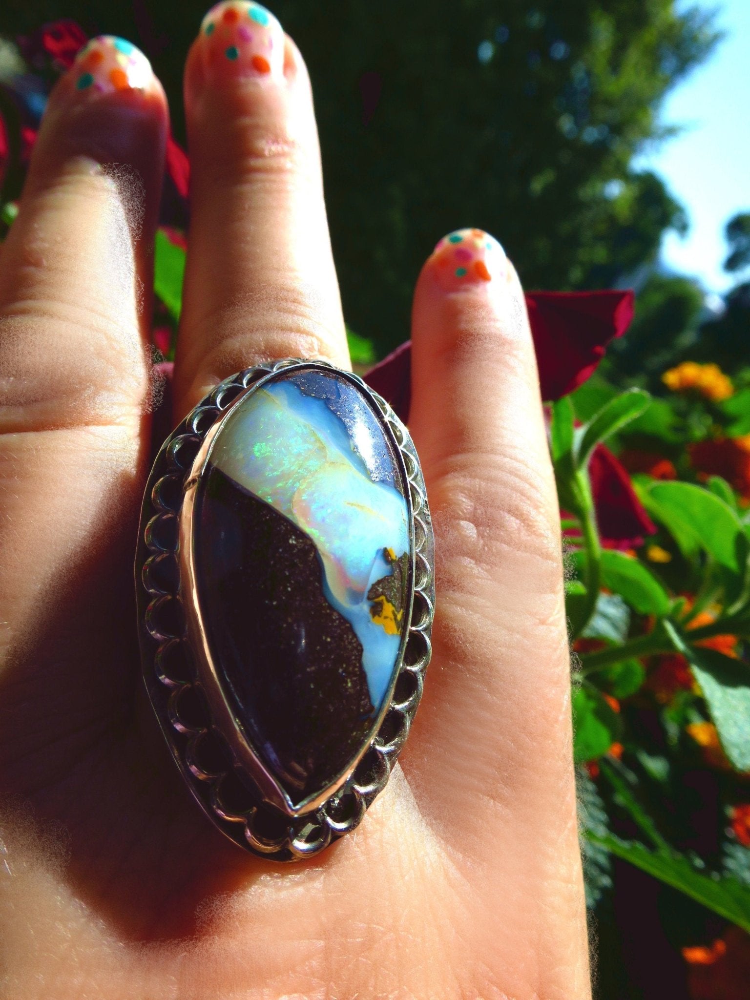 Opal Ring Silber Opal Australien Ring Boulder Opal Großer Silber Ring Gr.8 Cabochon Edelstein Opal Natur Stein Boulder Opal Ring Statement