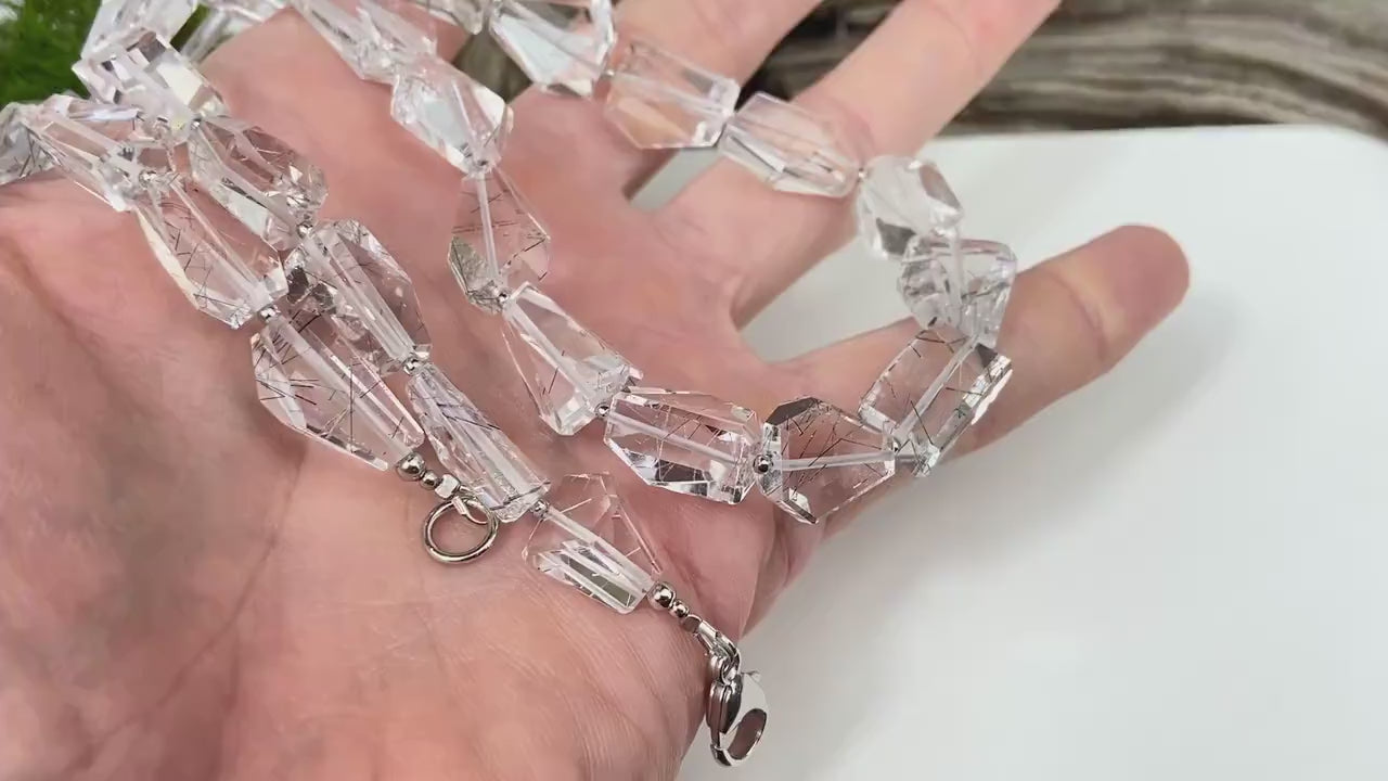 Rutilquarz Collier Silber – klare Rutilquarz Halskette aus Brasilien mit großen Freeform-Perlen
