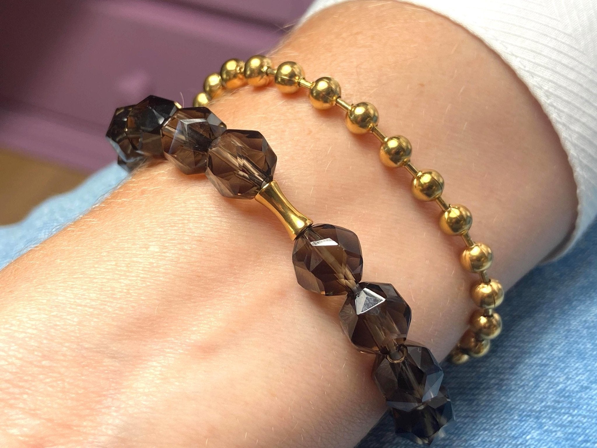 Rauchquarz Armband in braun und gold Edelstein Stacking Bracelet