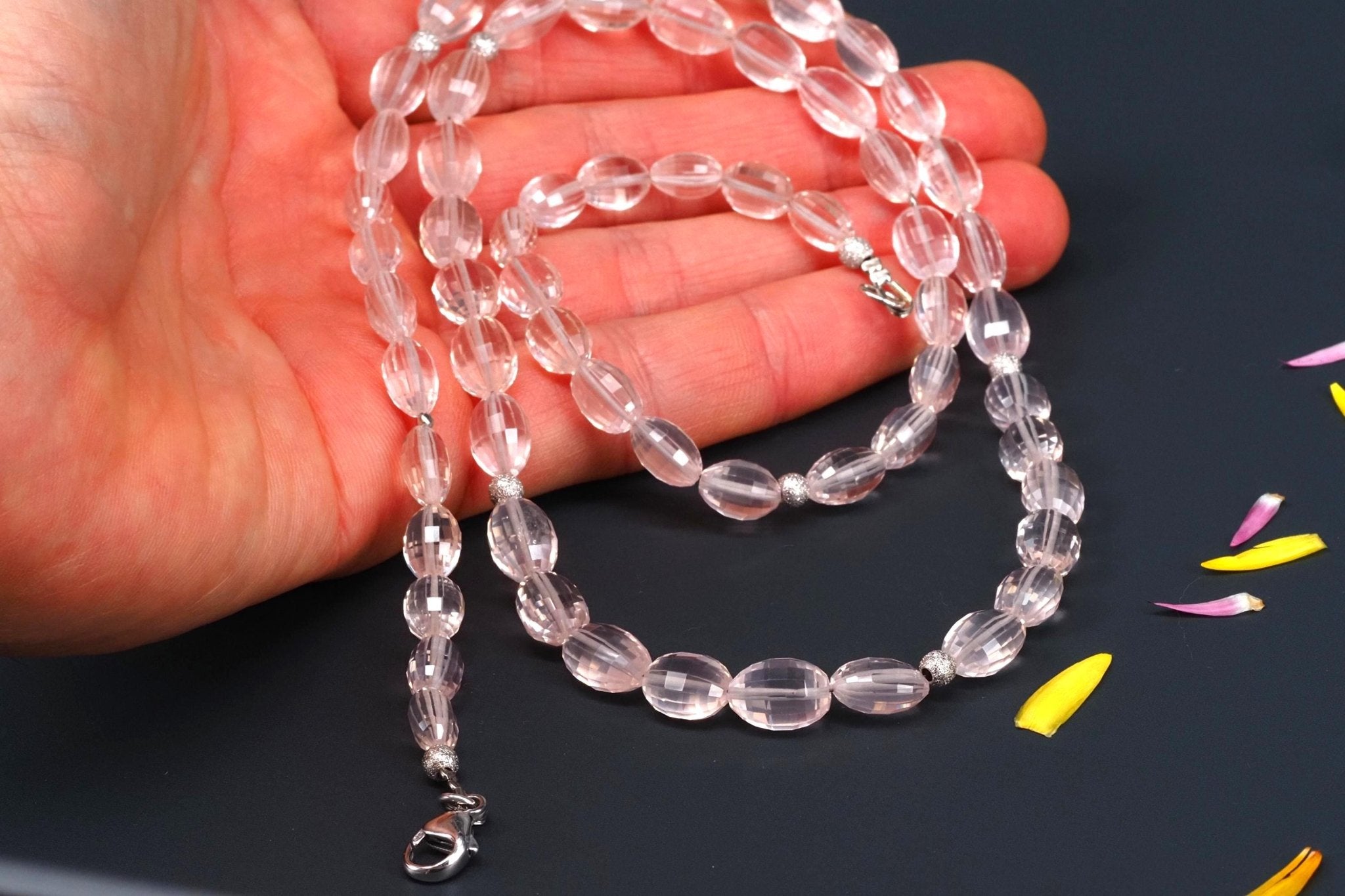 Rosenquarz Kette 100% Natur mit Sterling Silber Verschluss, 70 cm rosa Edelstein Halskette