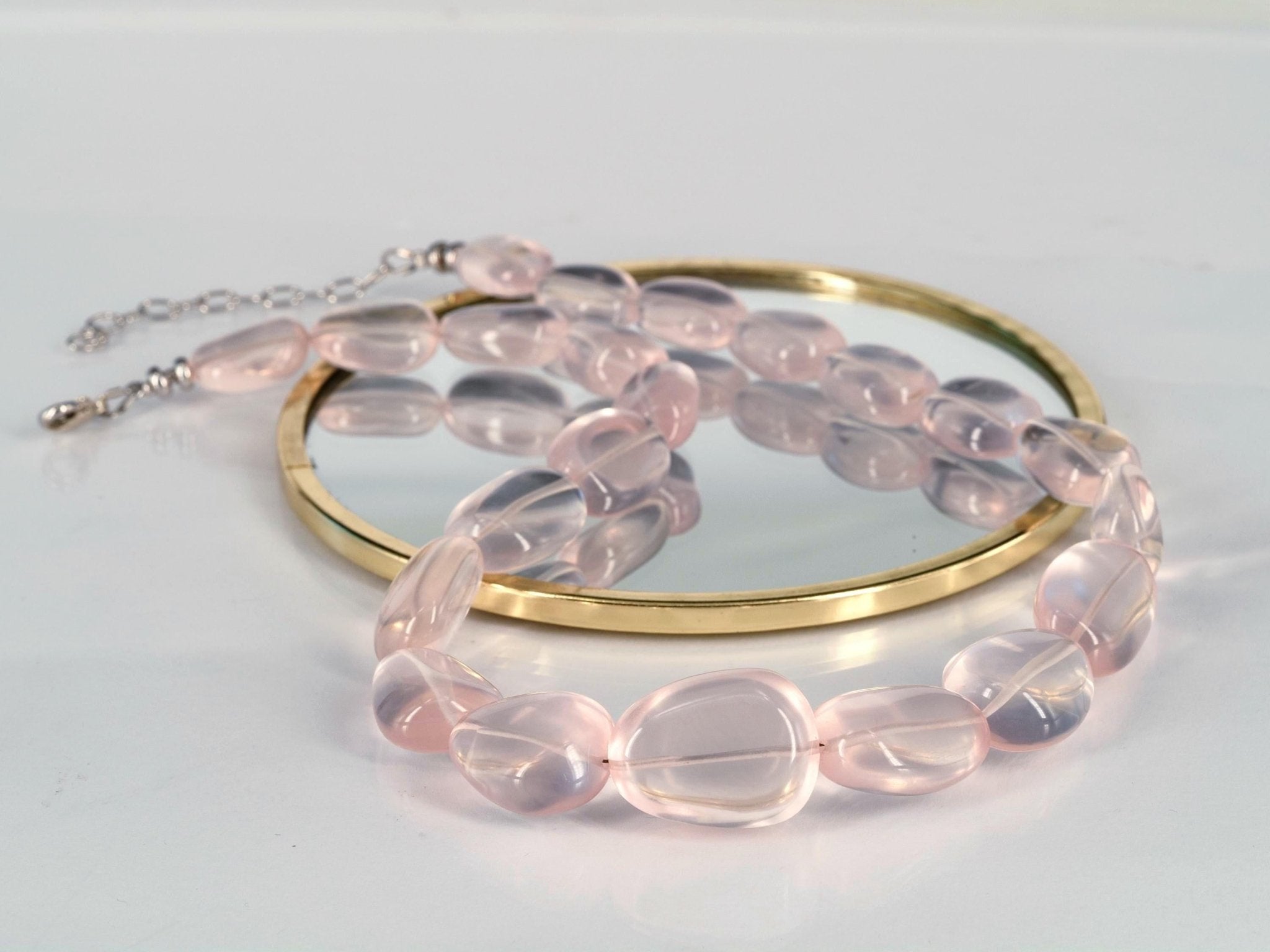 Rosenquarz Kette Damen – Natürliche Edelsteinkette mit großen Nugget - Perlen | 925 Silber | Handgefertigt