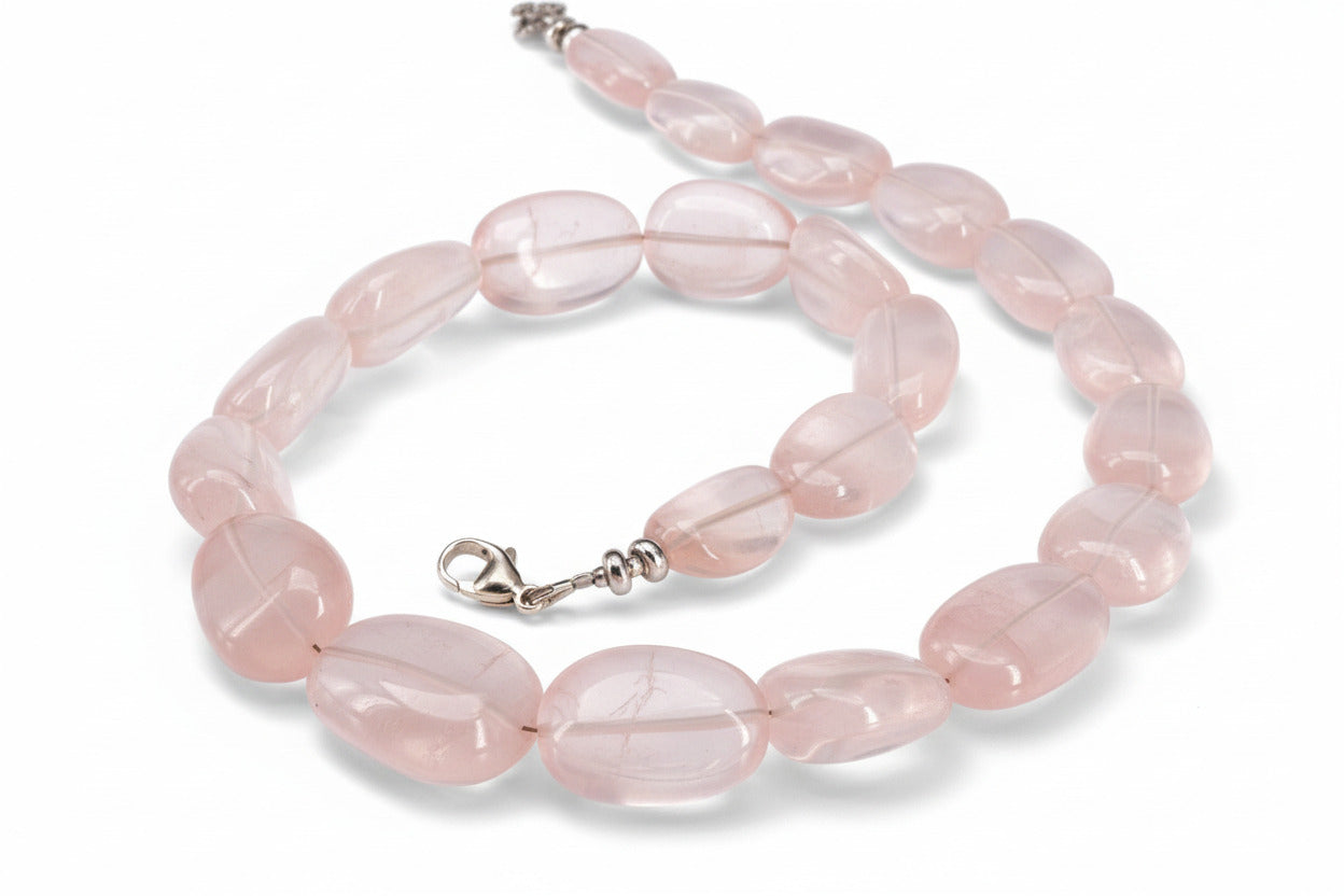 Rosenquarz Kette Damen – Natürliche Edelsteinkette mit großen Nugget - Perlen | 925 Silber | Handgefertigt