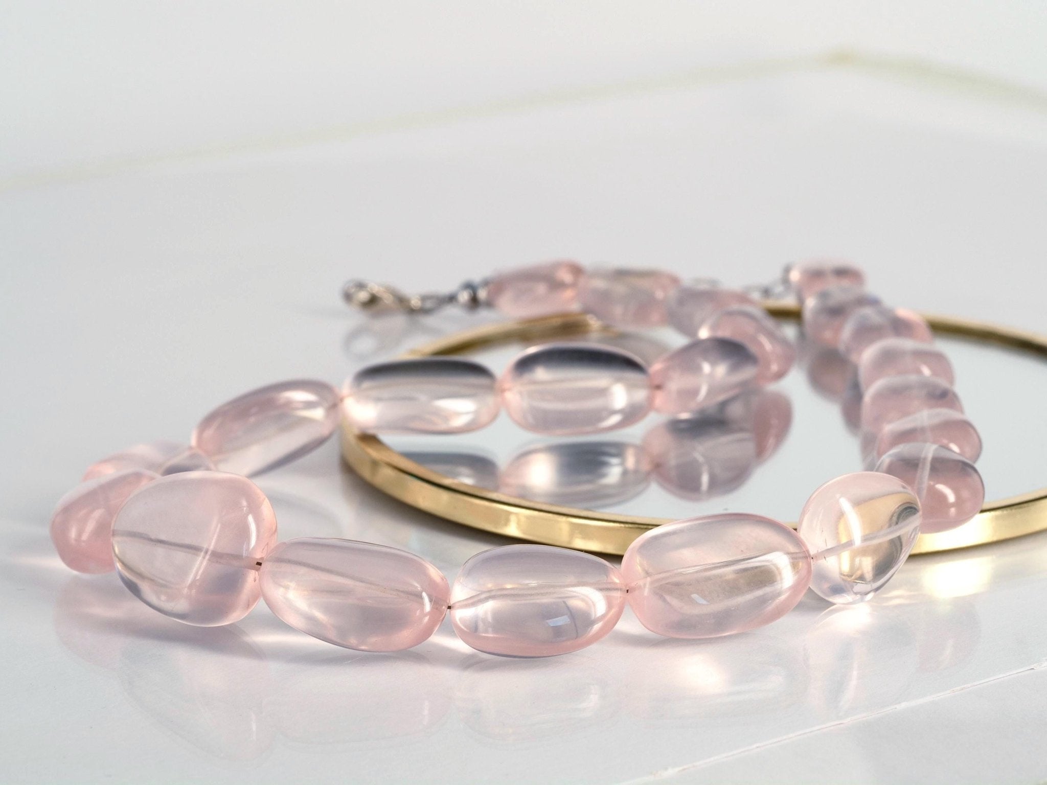 Rosenquarz Kette Damen – Natürliche Edelsteinkette mit großen Nugget - Perlen | 925 Silber | Handgefertigt