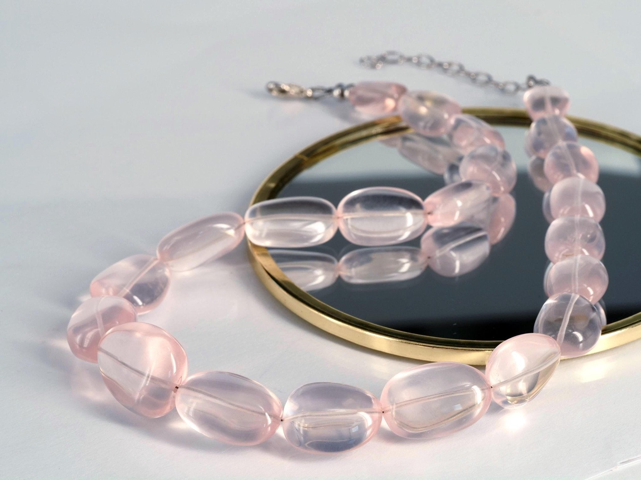 Rosenquarz Kette Damen – Natürliche Edelsteinkette mit großen Nugget - Perlen | 925 Silber | Handgefertigt