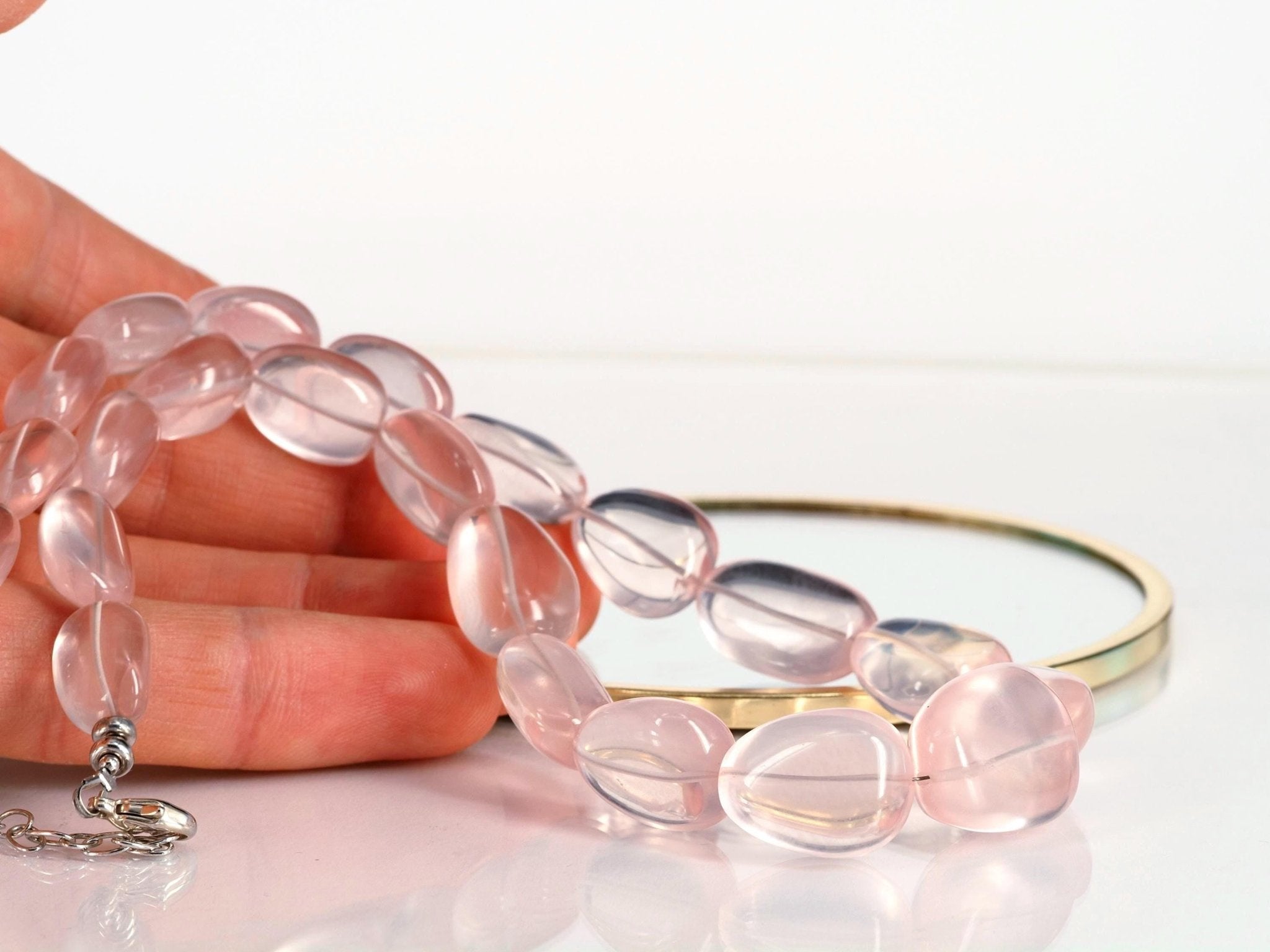 Rosenquarz Kette Damen – Natürliche Edelsteinkette mit großen Nugget - Perlen | 925 Silber | Handgefertigt