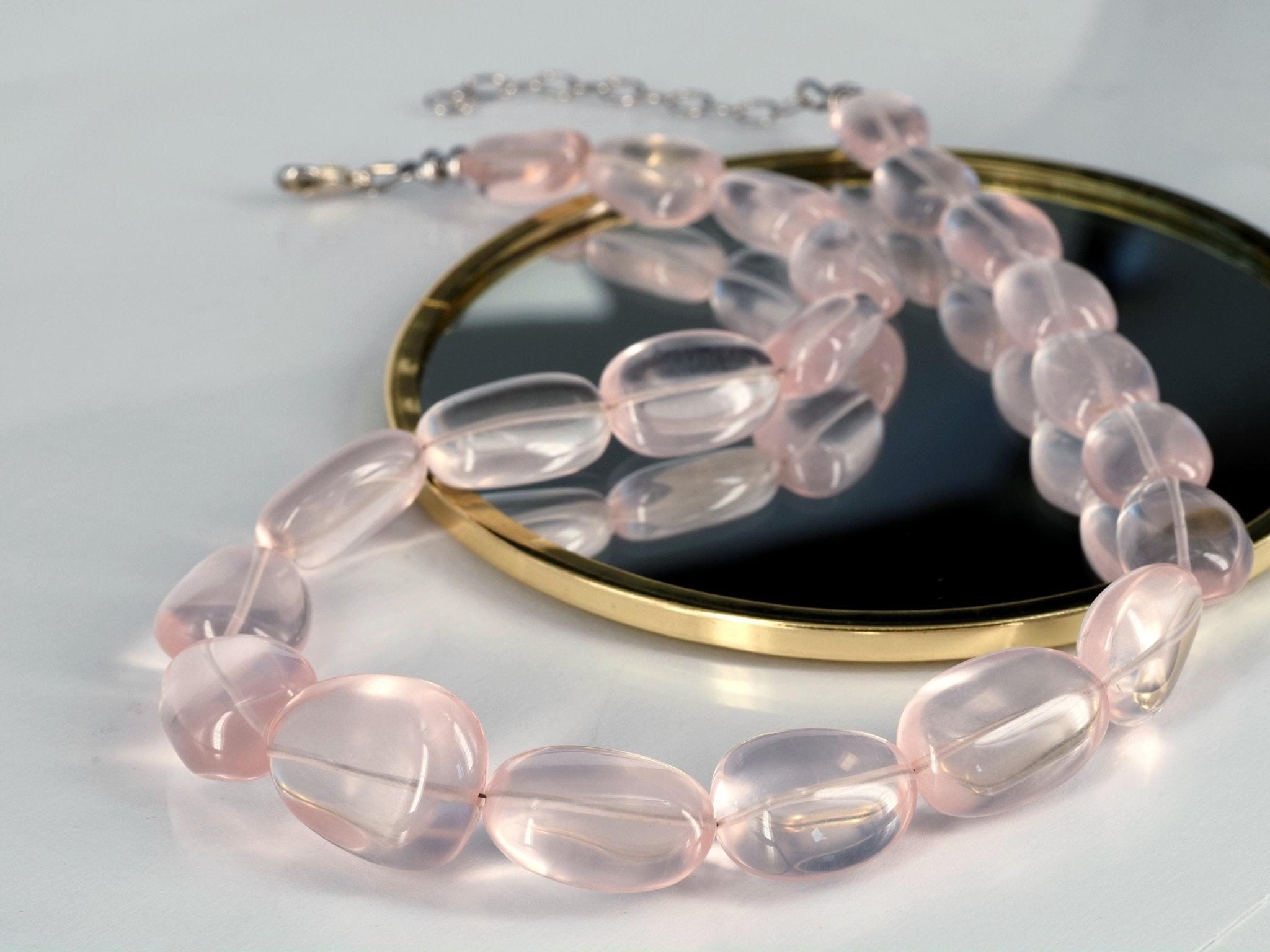 Rosenquarz Kette Damen – Natürliche Edelsteinkette mit großen Nugget - Perlen | 925 Silber | Handgefertigt