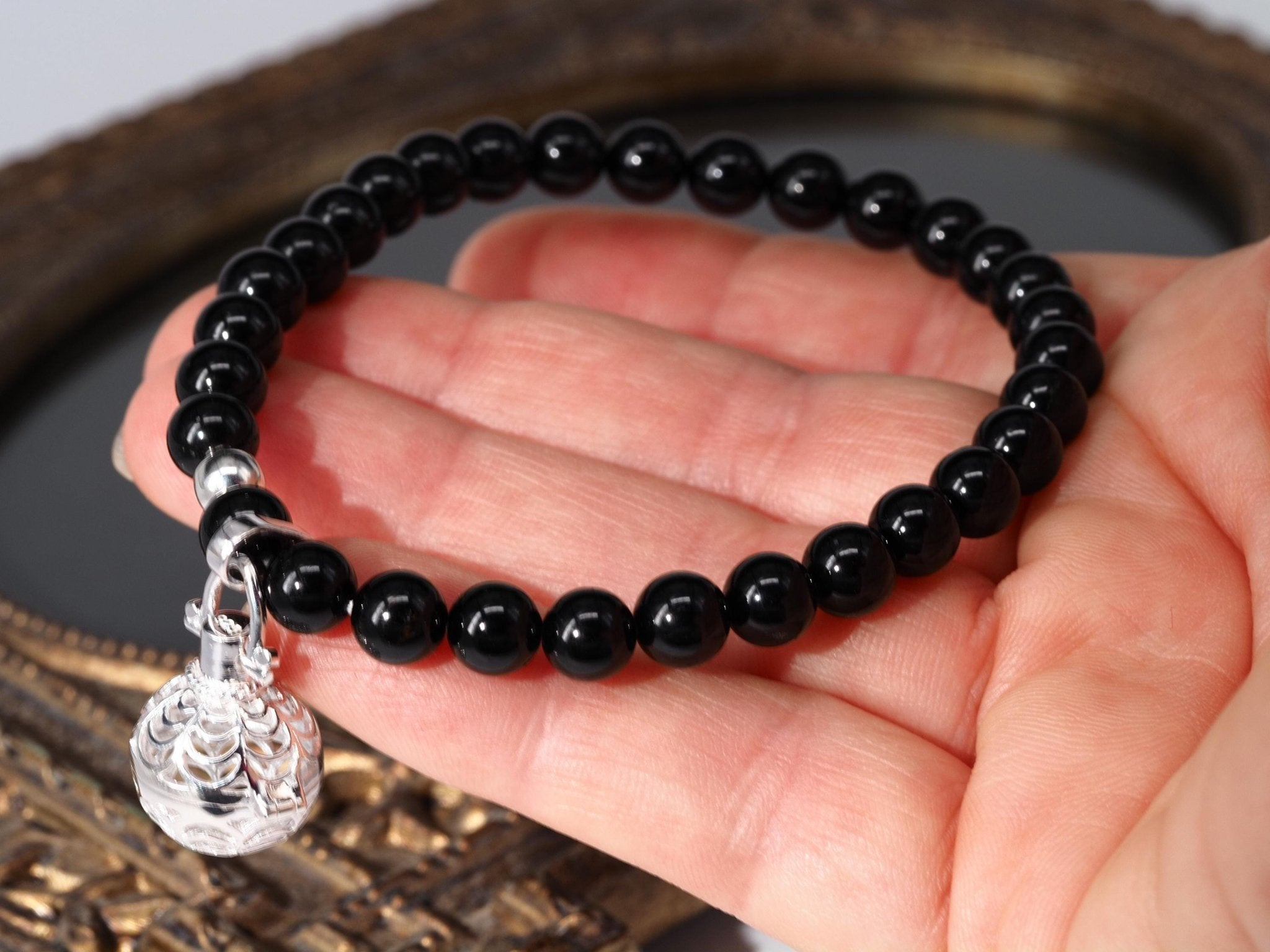 Schwarzes Turmalin Armband – Kugelarmband mit Silber - Kugel