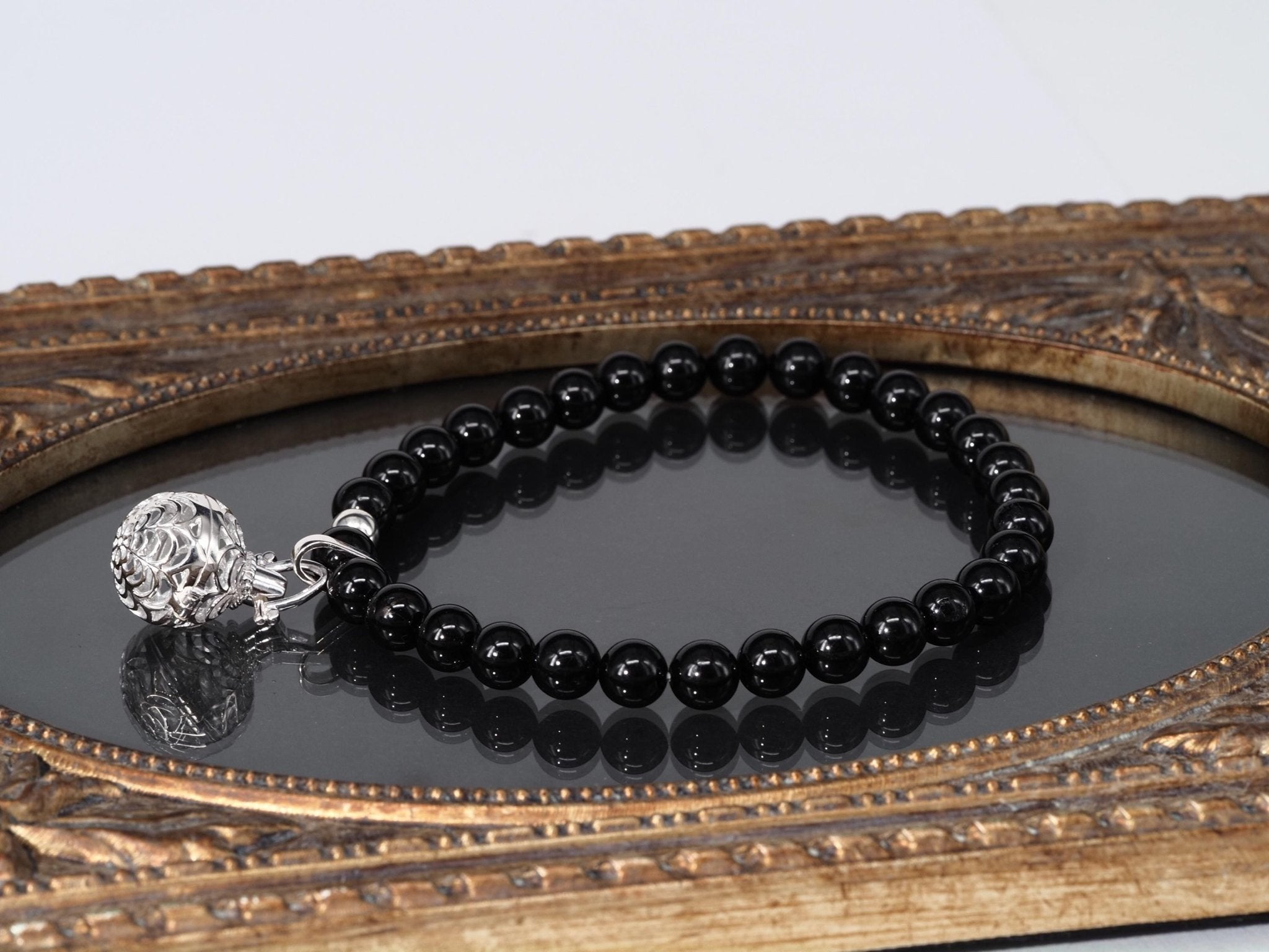 Schwarzes Turmalin Armband – Kugelarmband mit Silber - Kugel