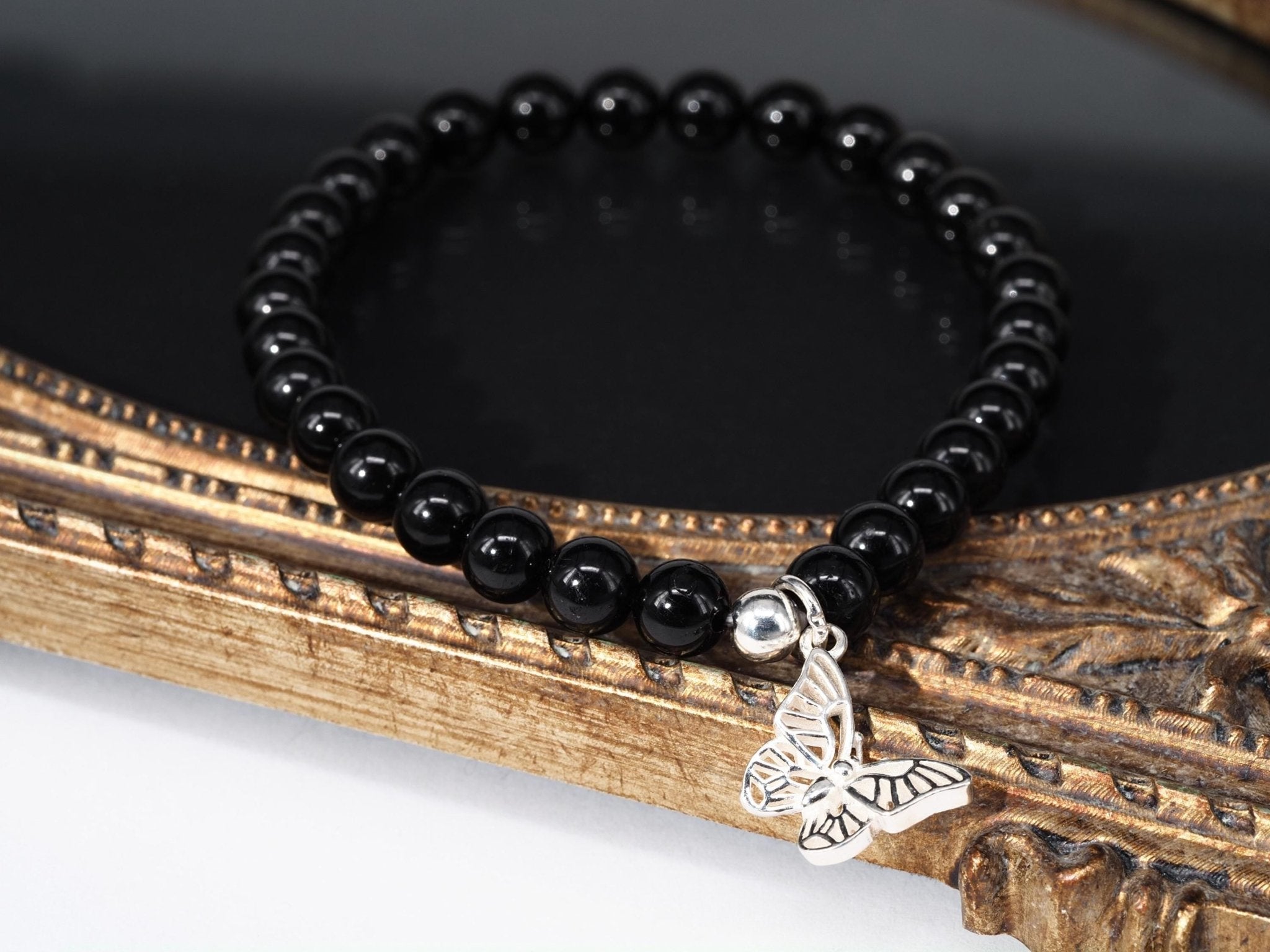 Schwarzes Turmalin Armband – Kugelarmband mit Silber - Schmetterling