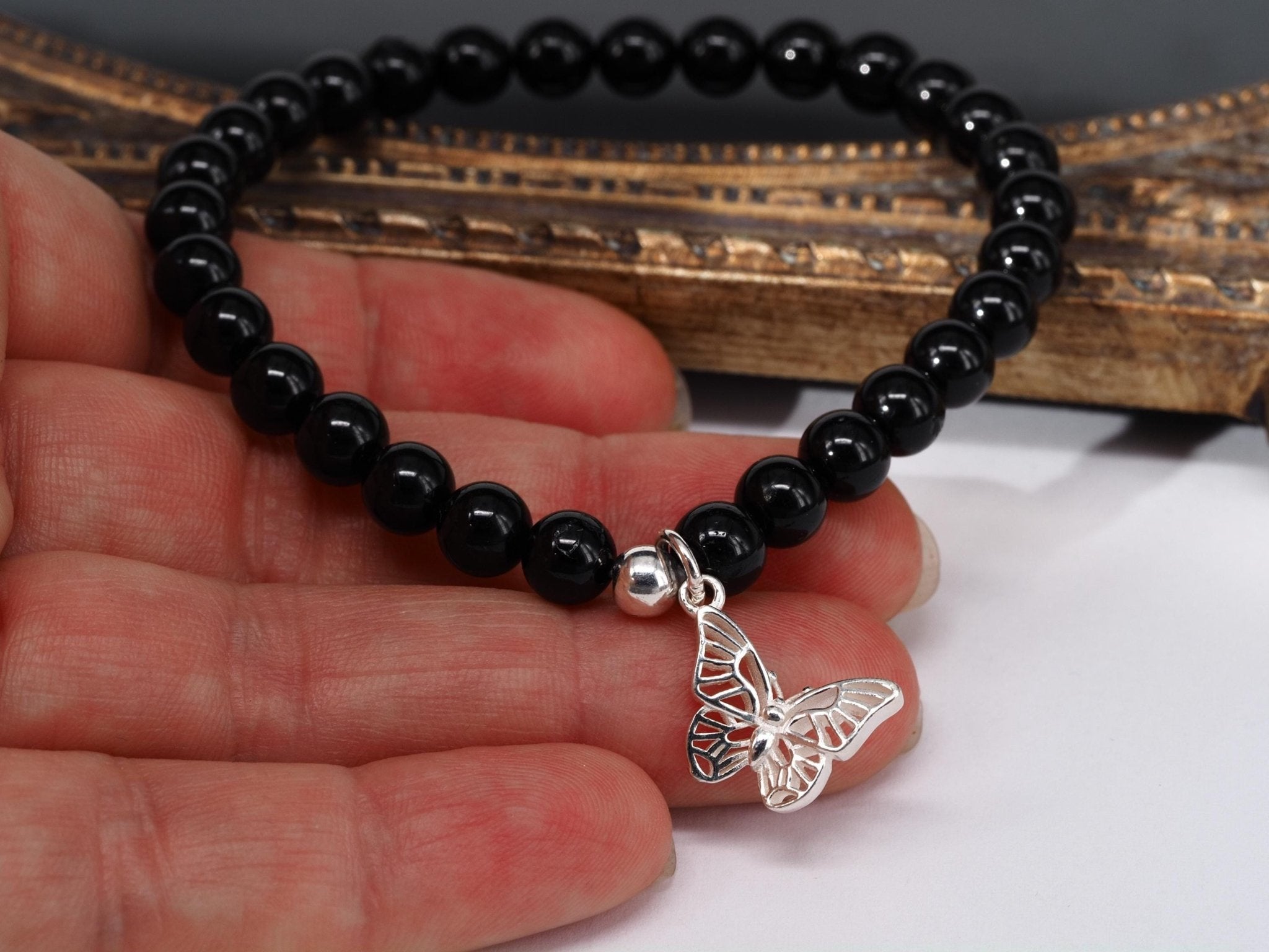 Schwarzes Turmalin Armband – Kugelarmband mit Silber - Schmetterling