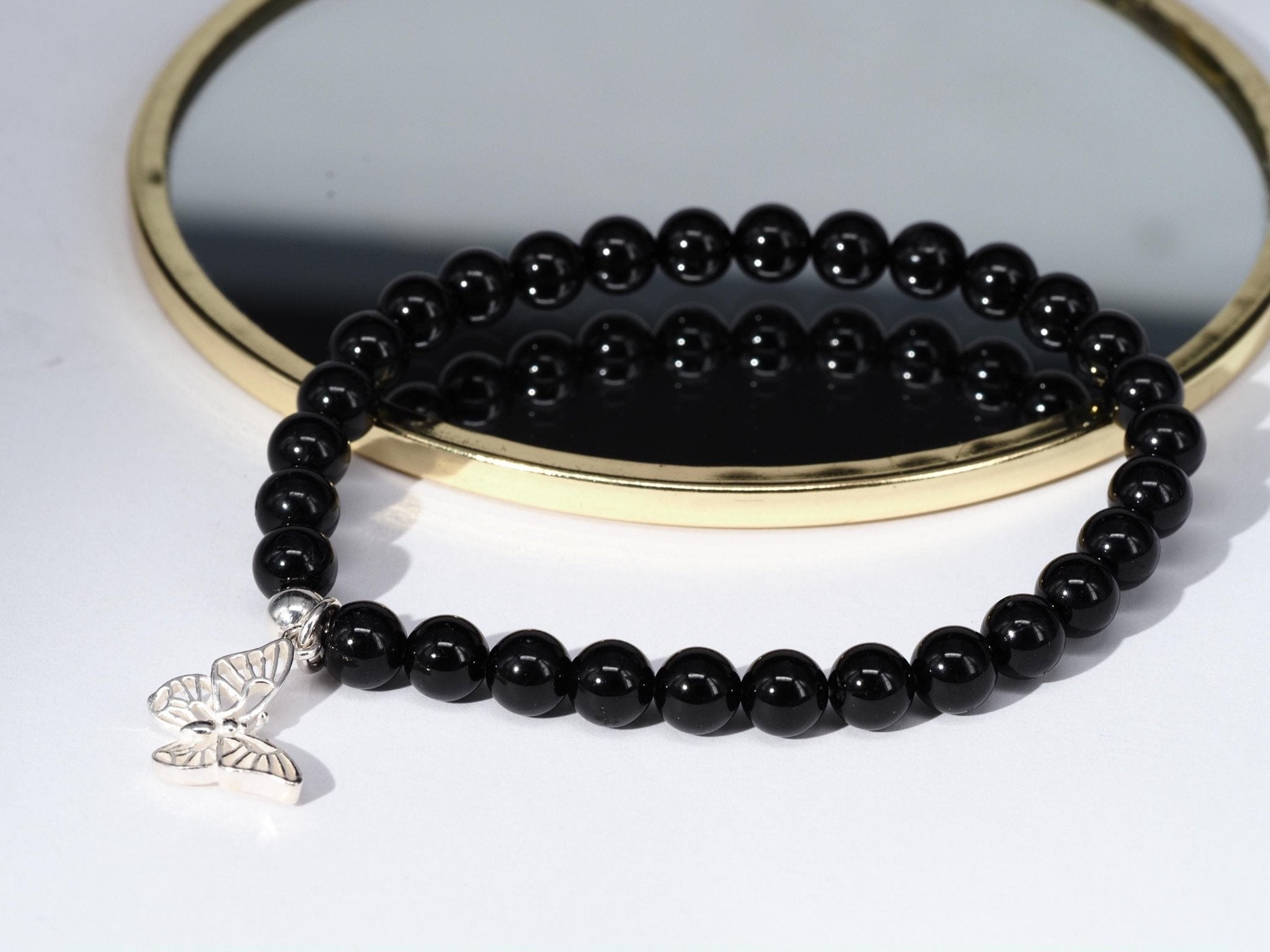 Schwarzes Turmalin Armband – Kugelarmband mit Silber - Schmetterling