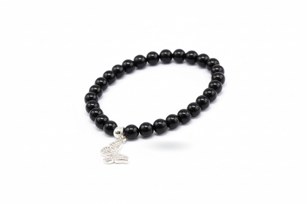 Schwarzes Turmalin Armband – Kugelarmband mit Silber - Schmetterling