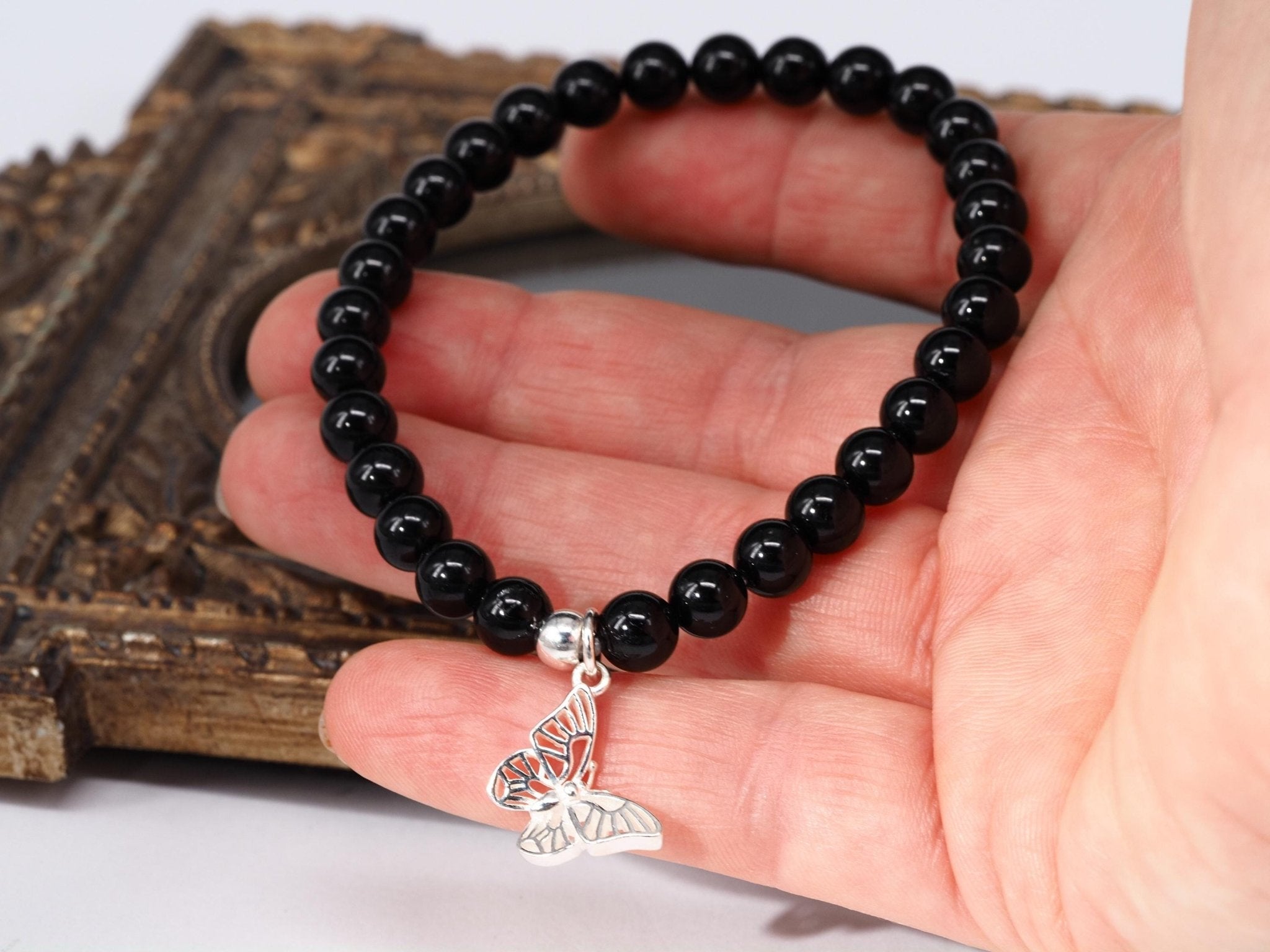 Schwarzes Turmalin Armband – Kugelarmband mit Silber - Schmetterling