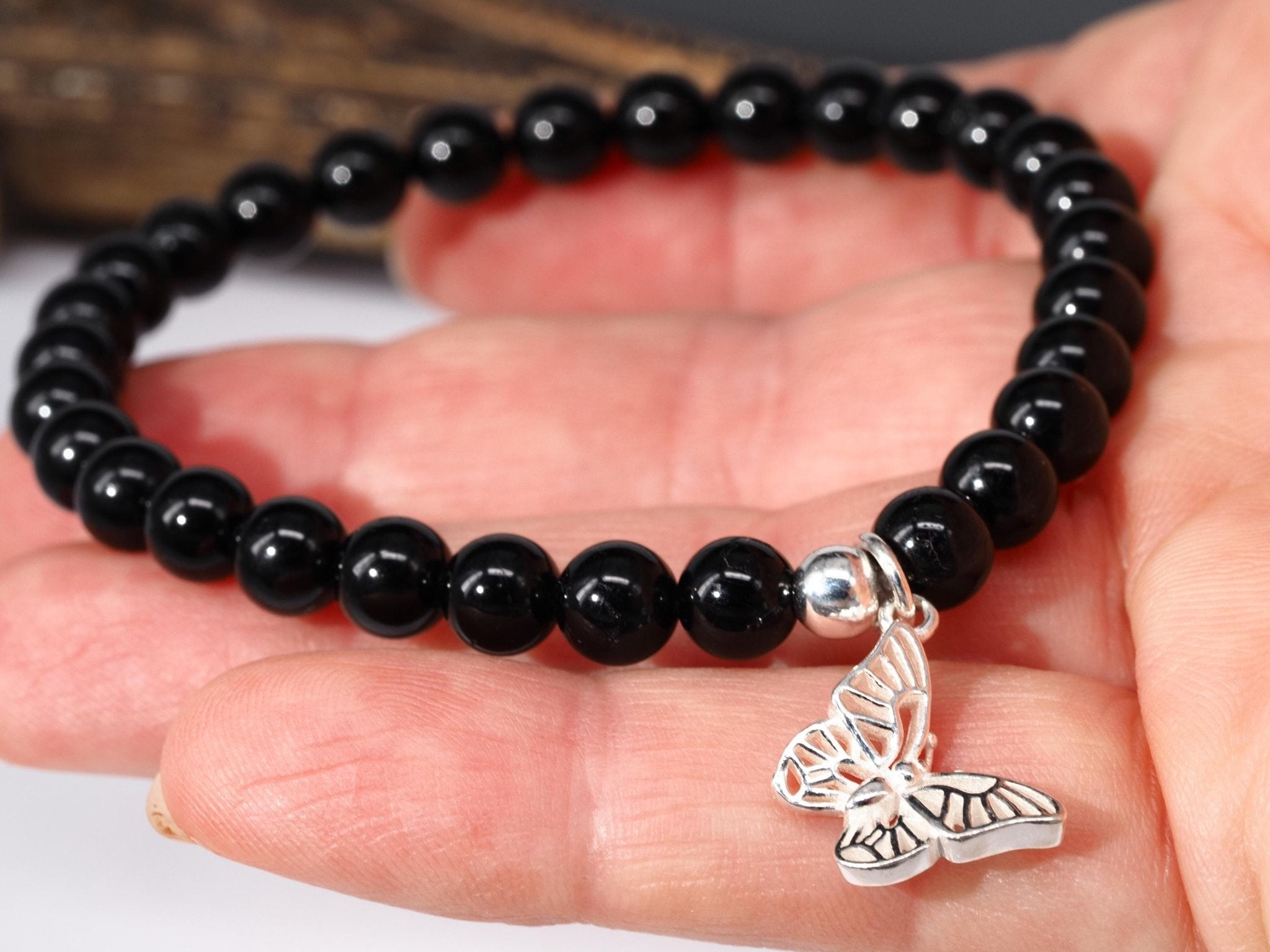 Schwarzes Turmalin Armband – Kugelarmband mit Silber - Schmetterling