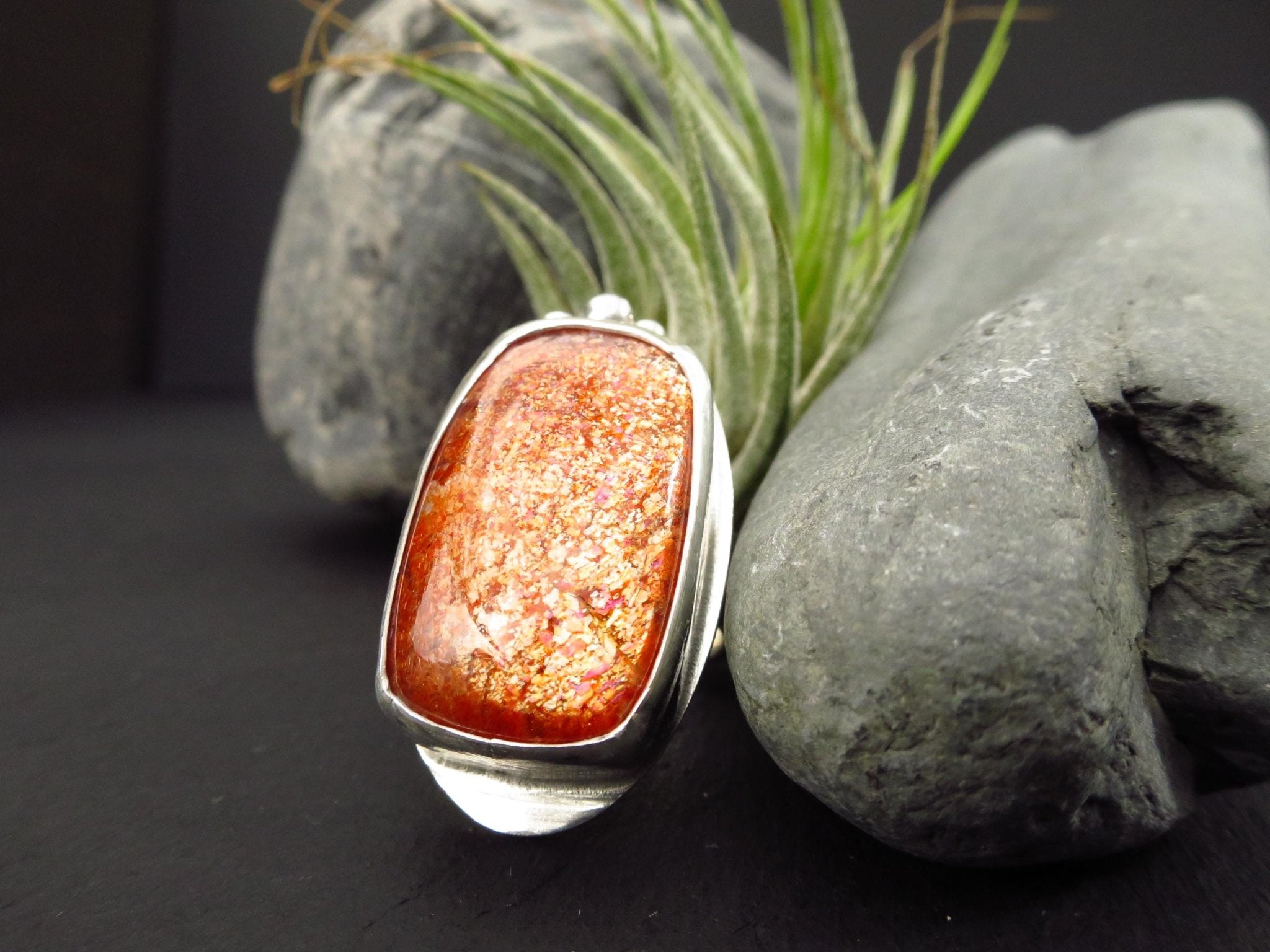 Sonnenstein Ring Silber Sonnenstein Cabochon Tansania Konfetti Sonnenstein Ring Sonnenstein Afrika Statement Ring GR8 Energie Stein Ring