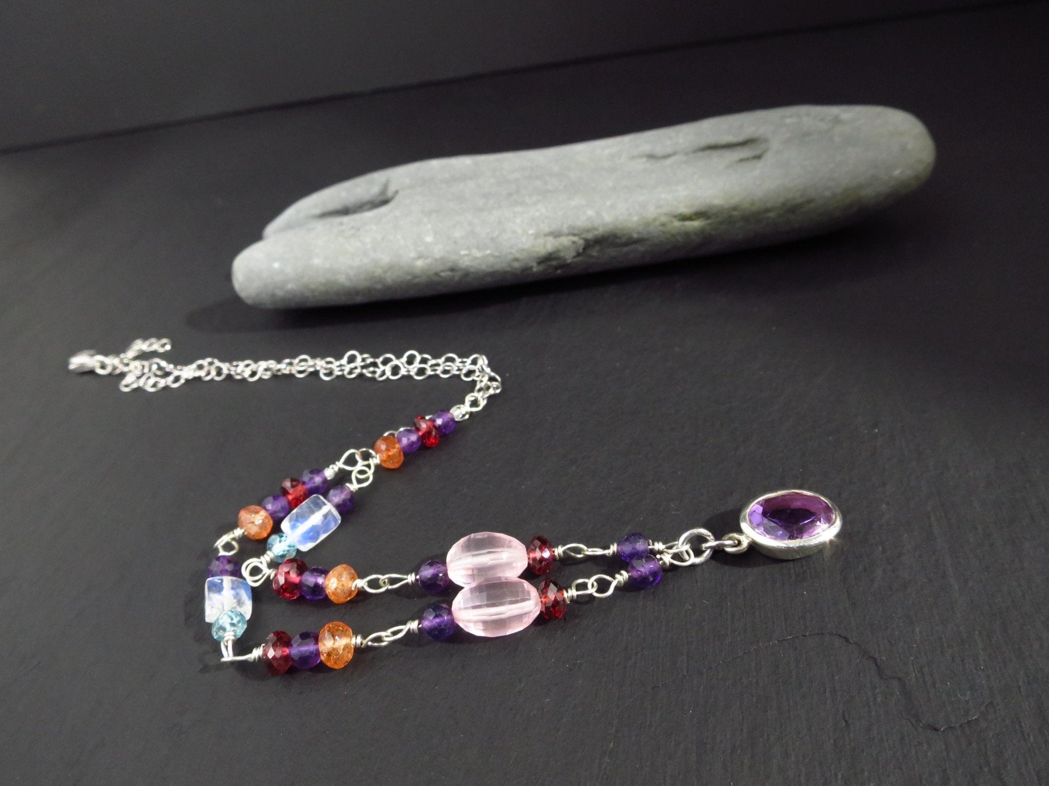 Sterling Silber Rosenkranz Kette mit Amethyst Anhänger bunte Edelstein Halskette