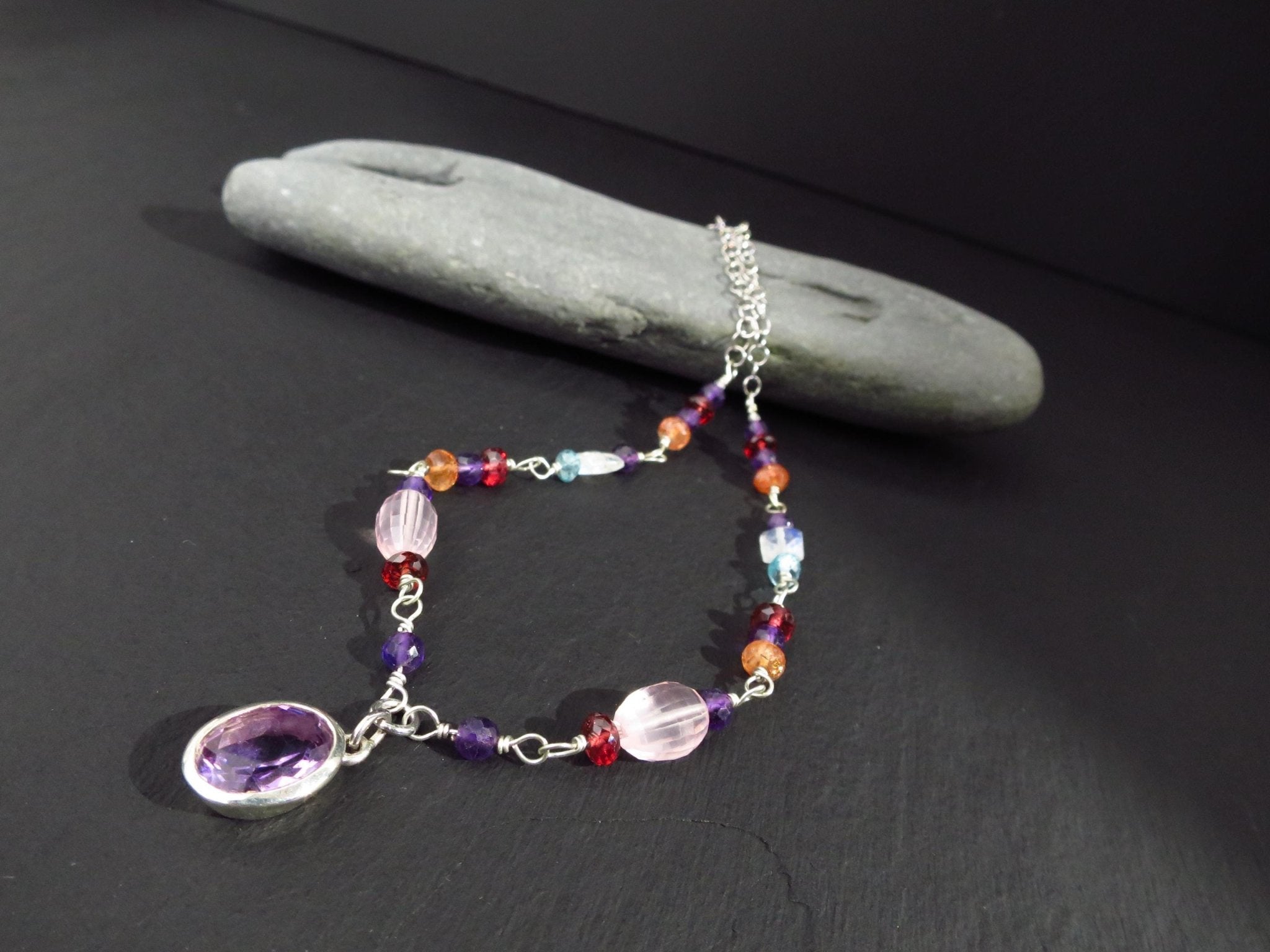 Sterling Silber Rosenkranz Kette mit Amethyst Anhänger bunte Edelstein Halskette