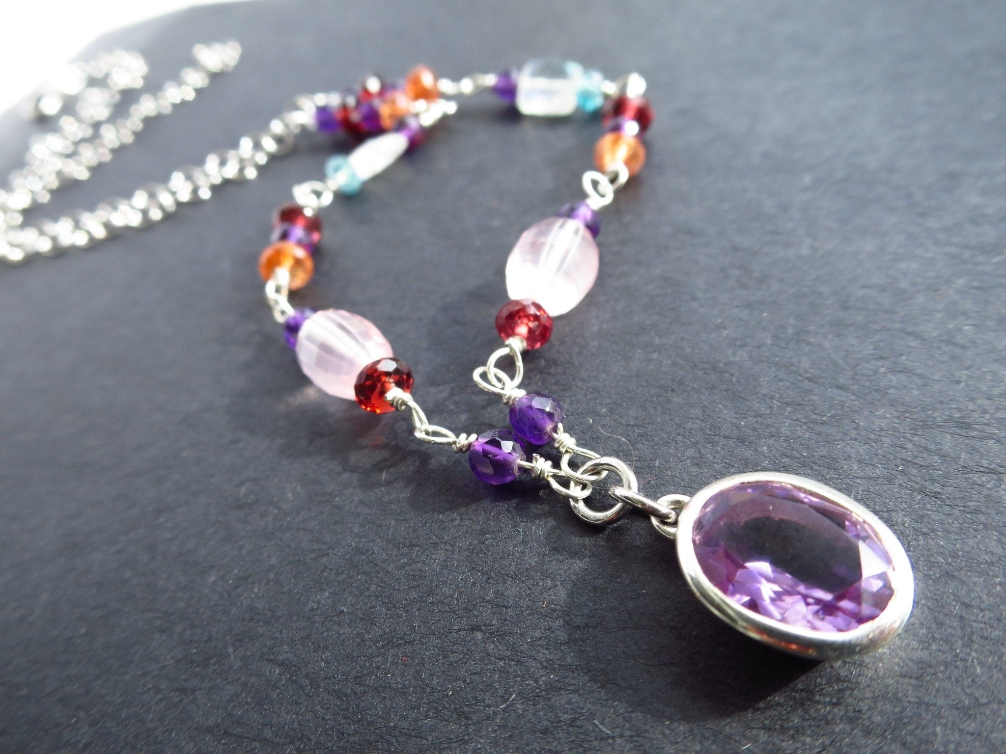 Sterling Silber Rosenkranz Kette mit Amethyst Anhänger bunte Edelstein Halskette