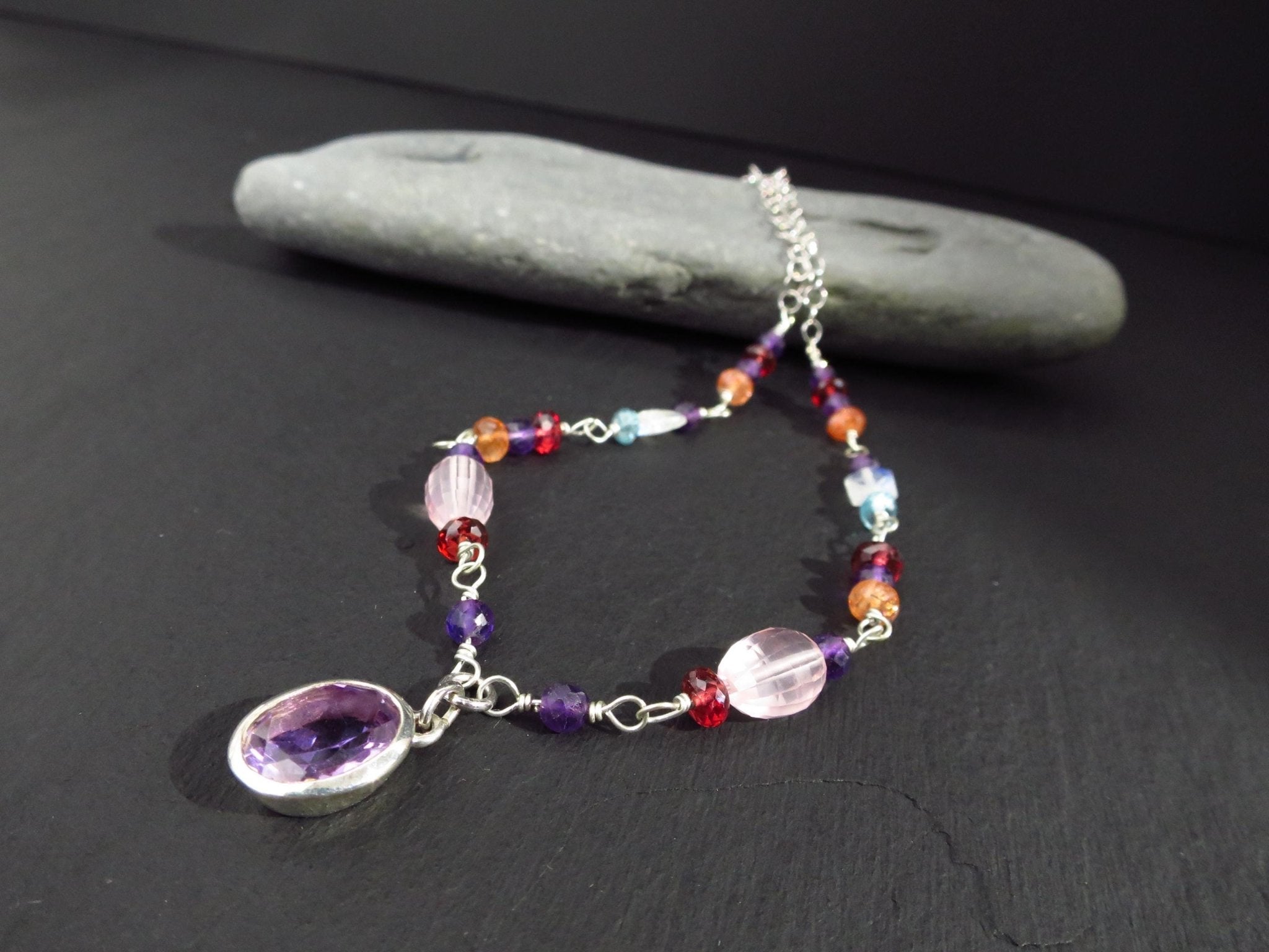 Sterling Silber Rosenkranz Kette mit Amethyst Anhänger bunte Edelstein Halskette