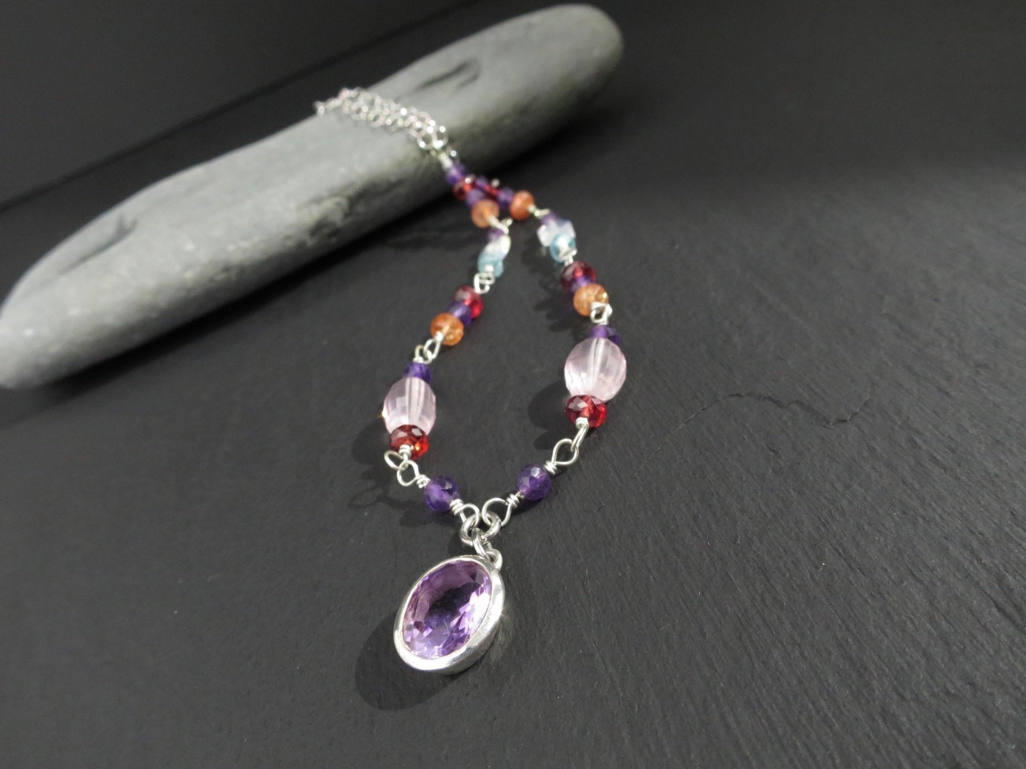 Sterling Silber Rosenkranz Kette mit Amethyst Anhänger bunte Edelstein Halskette