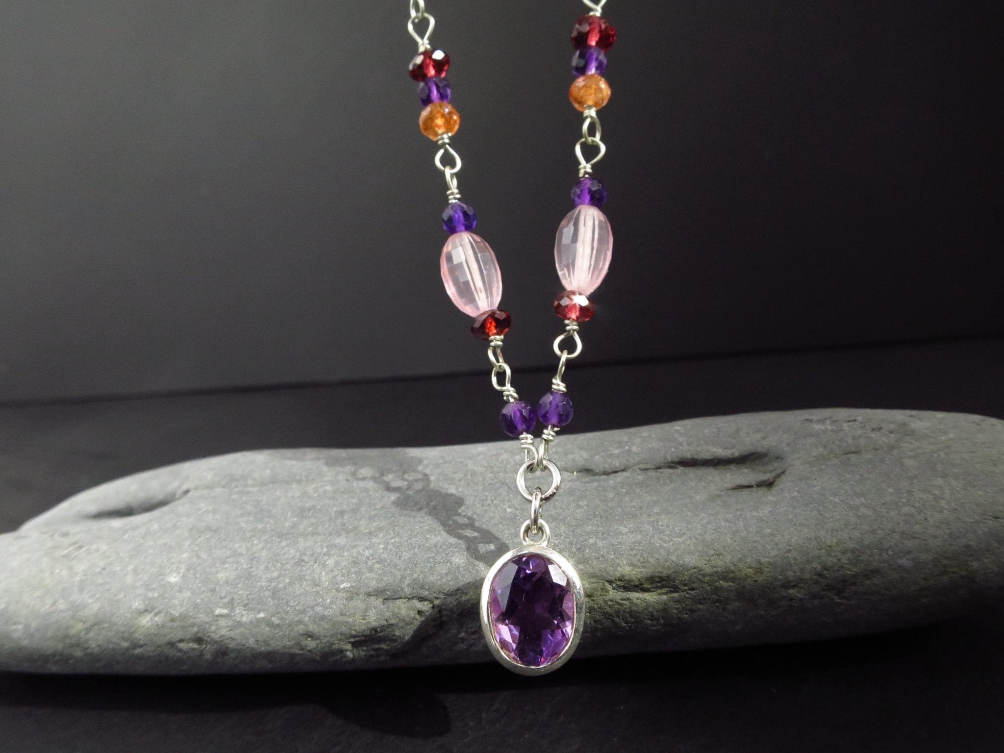 Sterling Silber Rosenkranz Kette mit Amethyst Anhänger bunte Edelstein Halskette