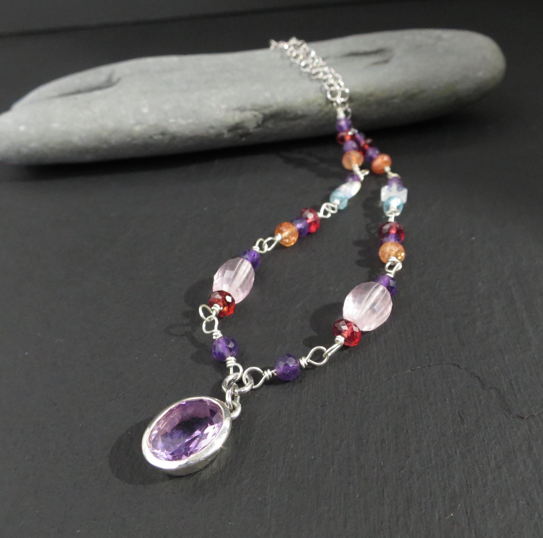 Sterling Silber Rosenkranz Kette mit Amethyst Anhänger bunte Edelstein Halskette