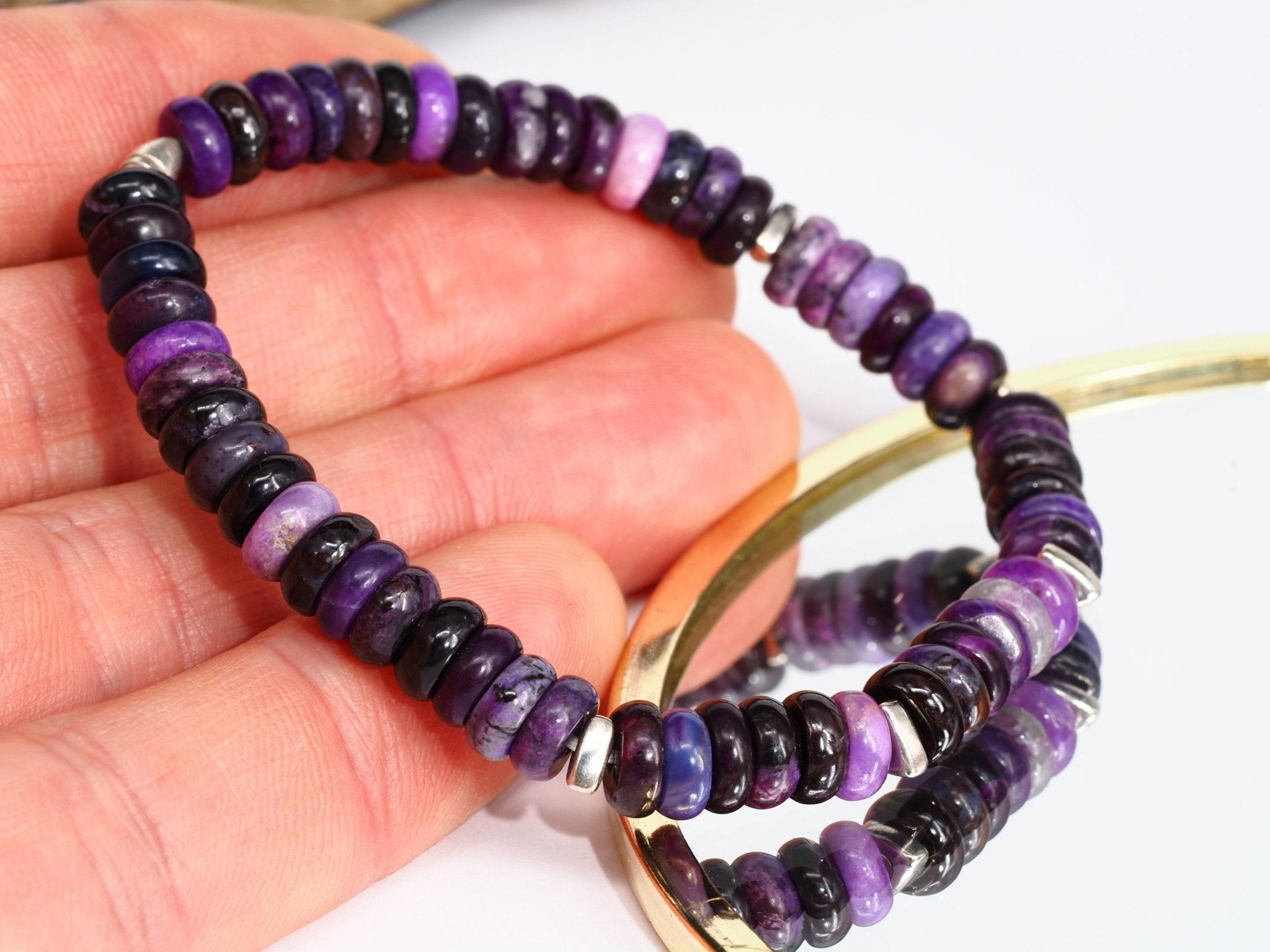 Sugilith Armband 100% Natur Edelstein Sterling Silber elastisch für Herren und Damen