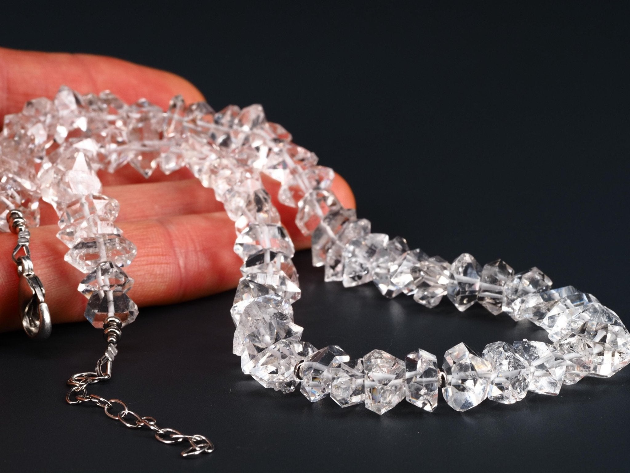 Supergroße Herkimer Diamant Halskette – kristallklare Doppelender Quarz Kristalle mit Silber