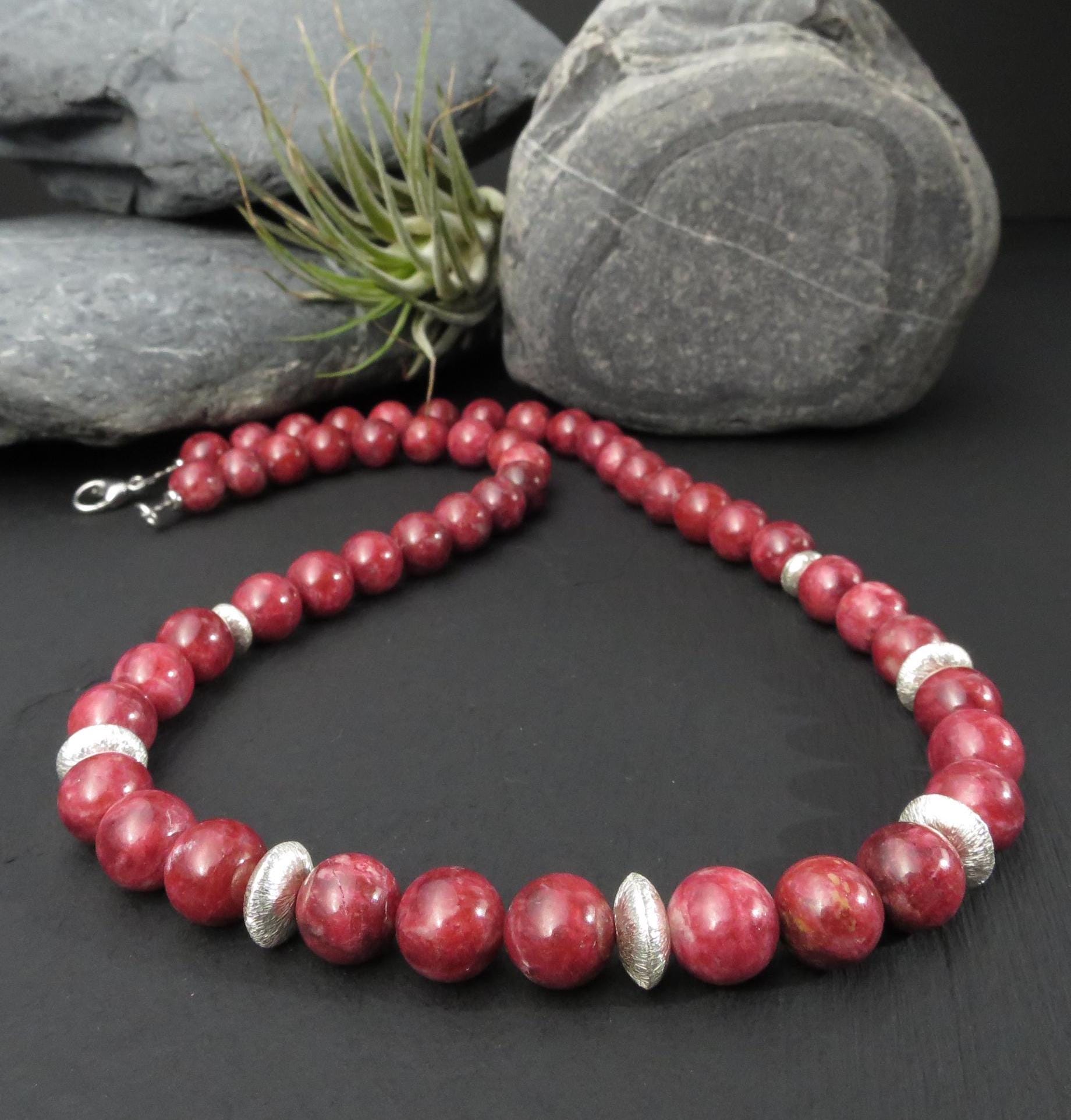 Thulit Kette Silber rotes Edelstein Kugel Collier