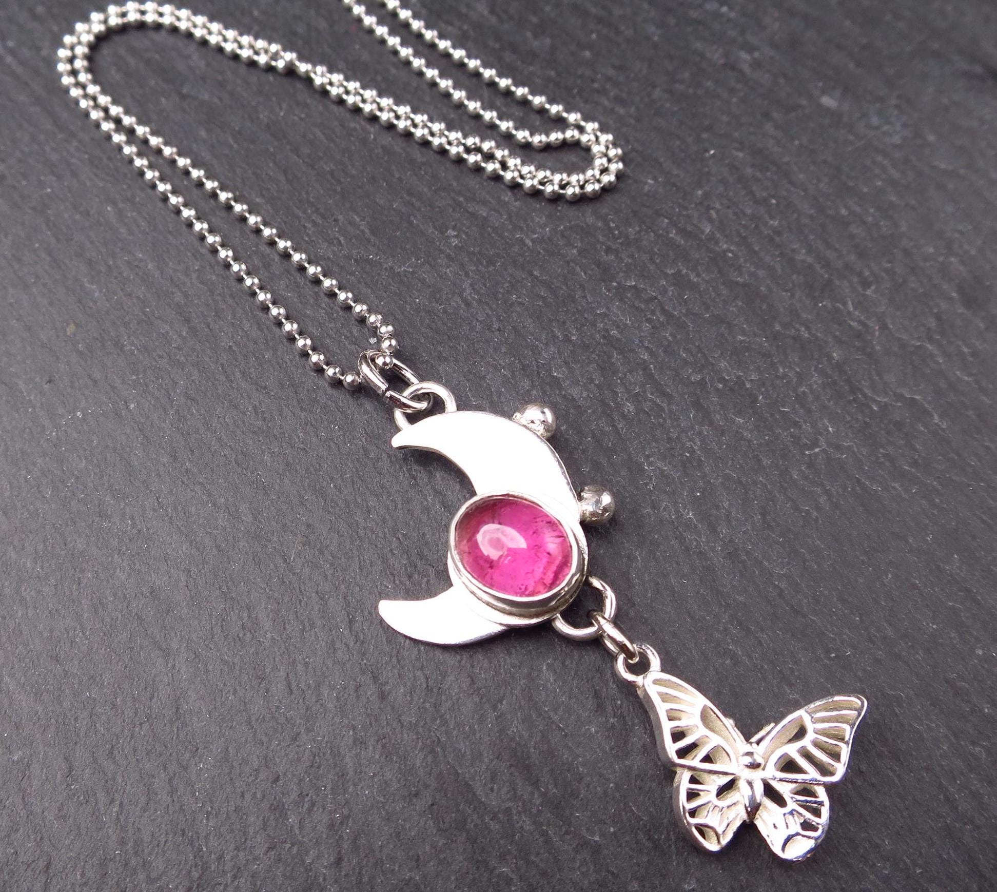 Turmalin Silber Anhänger Mond Rubellit Anhänger Kette Turmalin Collier Silber Turmalin Pink Unikat Mond Schmuckanhänger Biene Edelstein